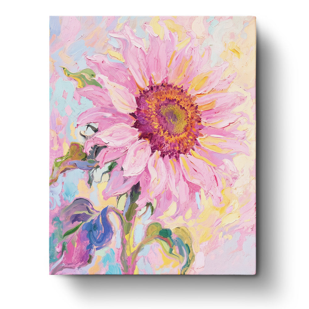 Pastel Sunflower Bliss with vivid pink petals by BestPaintByNumbers, highlighting calming blues and greens for a mindful painting experience.