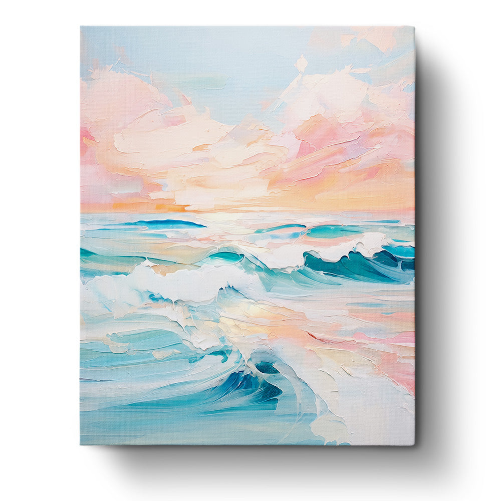 Ocean Serenity Watercolor by BestPaintByNumbers features vibrant pastel pink and blue ocean waves under a soothing sunset. A perfect choice for mindfulness and creativity.
