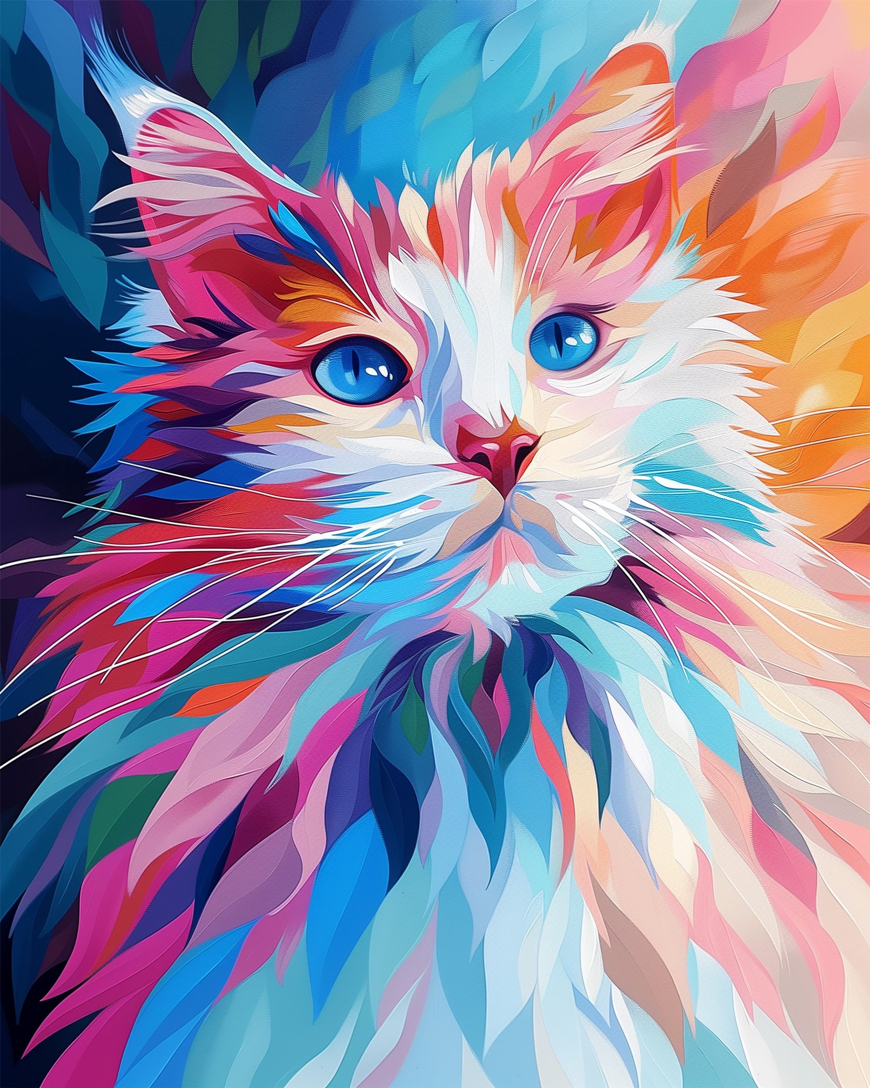 A vibrant, colorful abstract depiction of a cat with blue eyes from BestPaintByNumbers, showcasing hues of blue, pink, and orange, highlighting the creativity and mindfulness element of the paint by numbers kit.