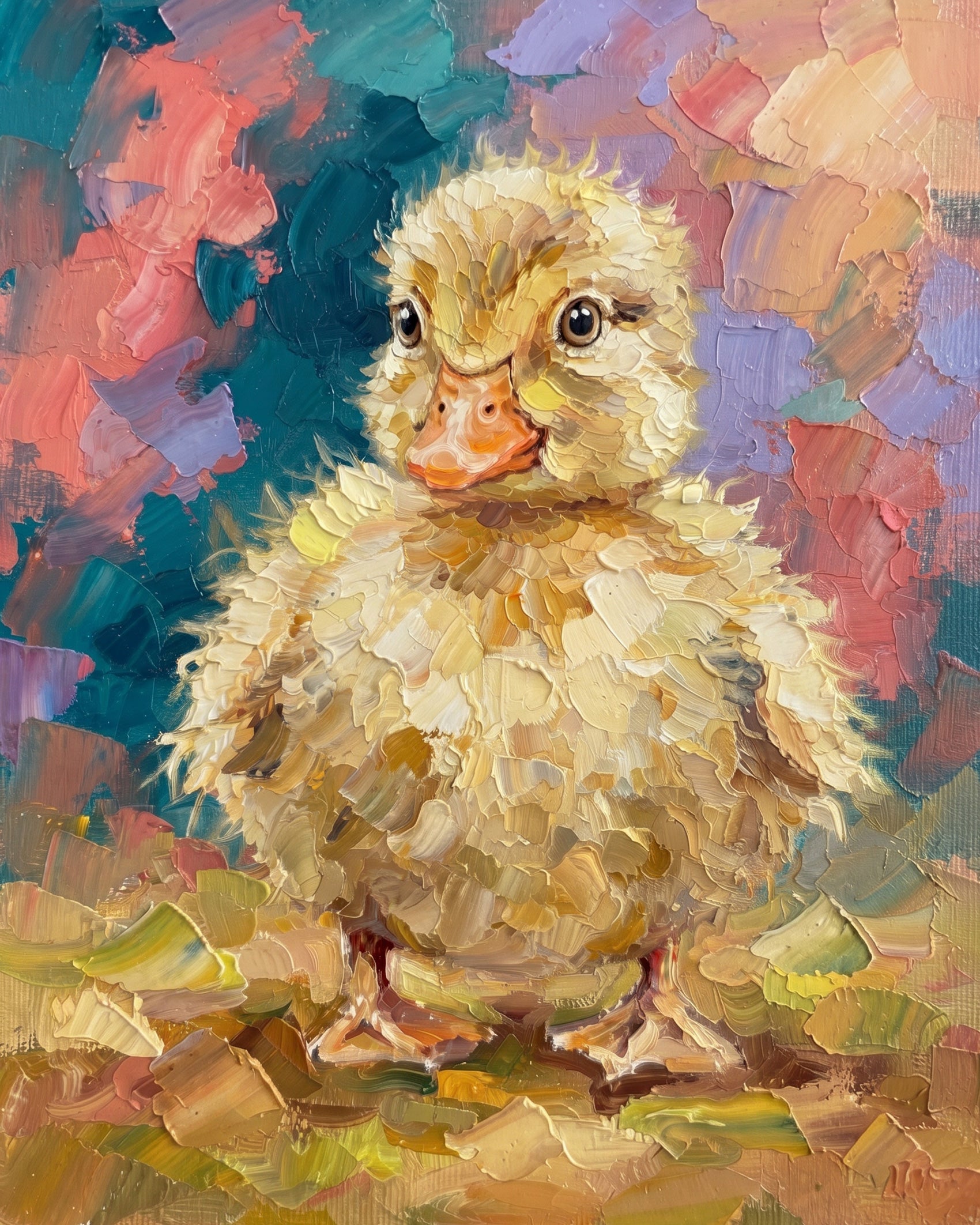 BestPaintByNumbers' Adorable Duckling Portrait. A charming yellow duckling surrounded by soft, vibrant pinks and blues. Ideal for relaxation and artistic mindfulness.