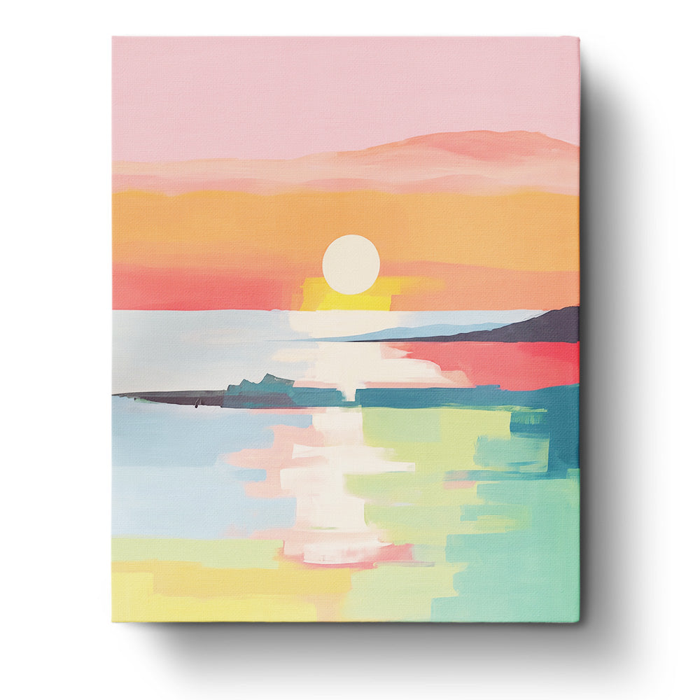 Serene Sunset Reflection by BestPaintByNumbers. A calming depiction of a sunset over calm waters with warm, vibrant colors. Perfect for mindfulness and creativity enthusiasts.