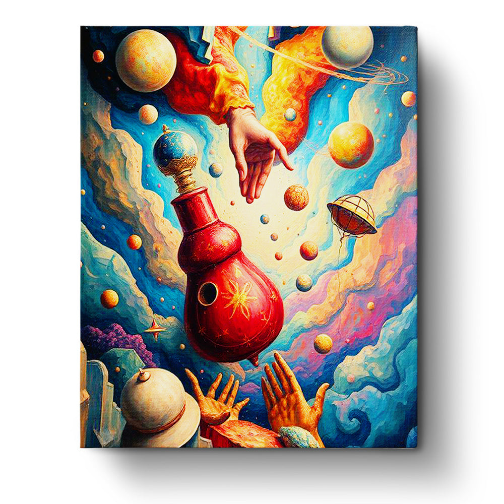 Cosmic Dance of Hands - Surrealism by BestPaintByNumbers. A vibrant surreal scene featuring floating hands and planets in vivid colors, designed for mindfulness and creativity. Fixed paint by numbers kit included for relaxing artistic expression.