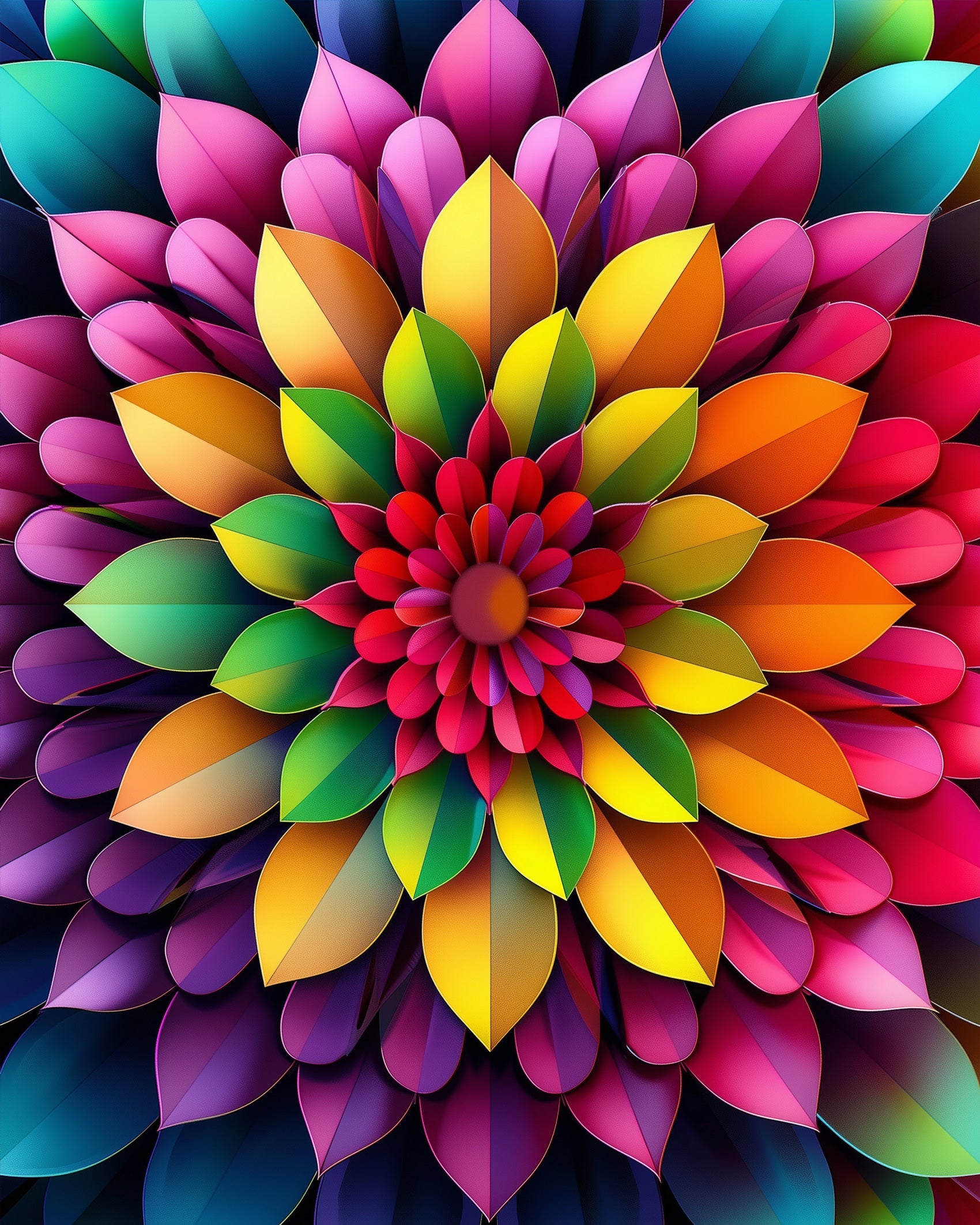 A stunning display of multicolored petals radiating from the center creating a vibrant visual experience. Vibrant Petals Mandala - Mandalas paint by numbers kit by BestPaintByNumbers offers a creative and mindful painting journey.