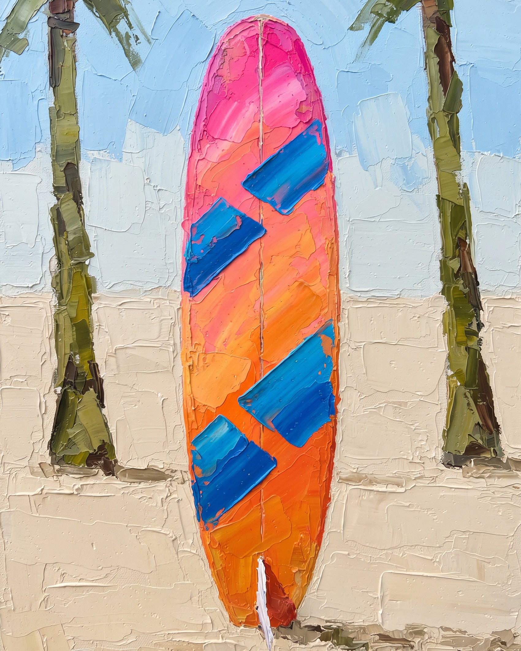 BestPaintByNumbers presents Tropical Surfboard Retreat - a paint by numbers kit showcasing a bright surfboard, beach, and palm trees. Engage in stress relief and artistic expression.