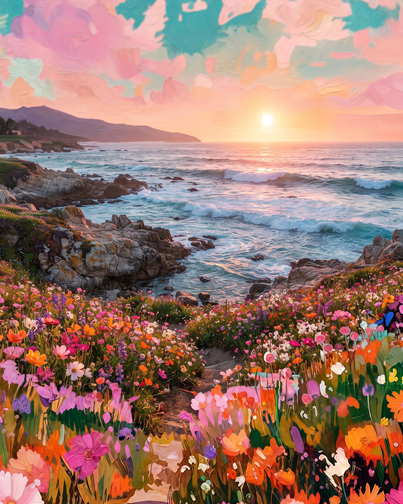 Coastal Floral Sunset - Landscape by BestPaintByNumbers. This vibrant paint by numbers kit captures a beautiful sunset over the ocean with colorful wildflowers in the foreground. Perfect for those seeking mindfulness and creativity.