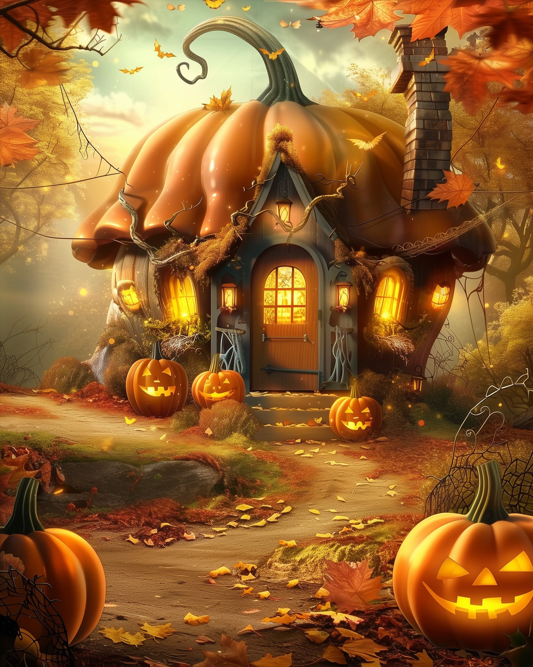 A whimsical pumpkin cottage surrounded by glowing jack-o'-lanterns and autumn leaves, part of the Pumpkin Cottage Delight - Halloween collection by BestPaintByNumbers. Encourages creativity and mindfulness through vibrant colors and enchanting themes.