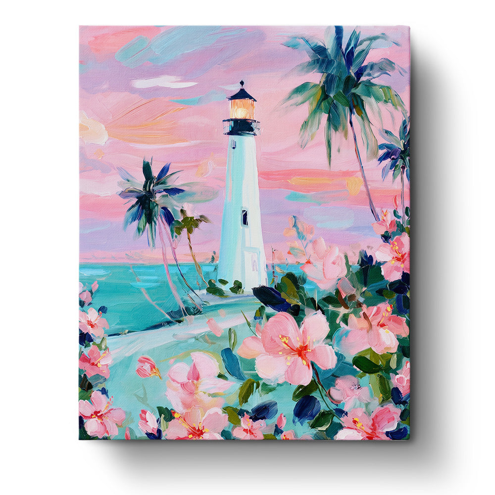 Lighthouse with Tropical Blooms - Landscape by BestPaintByNumbers. Features a pastel sunset over a lighthouse framed with pink flowers and palm trees, offering a soothing and creative journey.