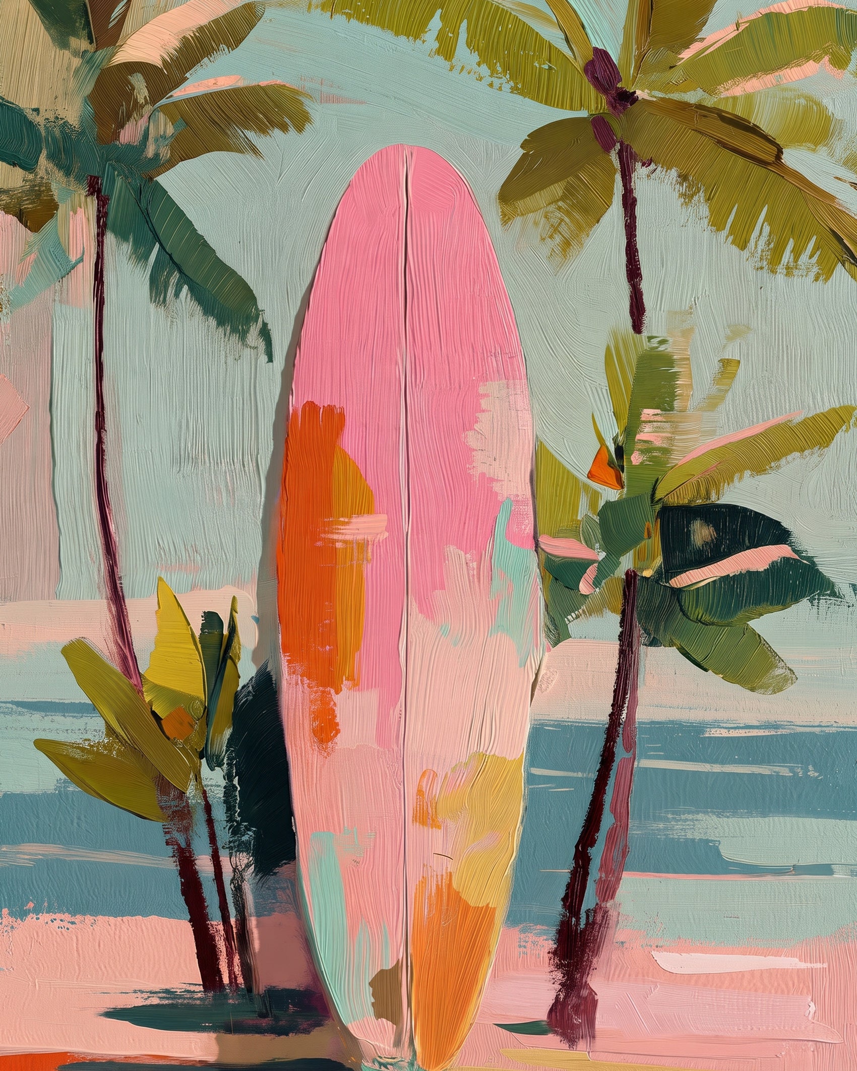 Paint a lively tropical beach scene with palm trees and a surfboard. The Vibrant Tropical Surf Scene kit by BestPaintByNumbers offers stress relief through mindful art.