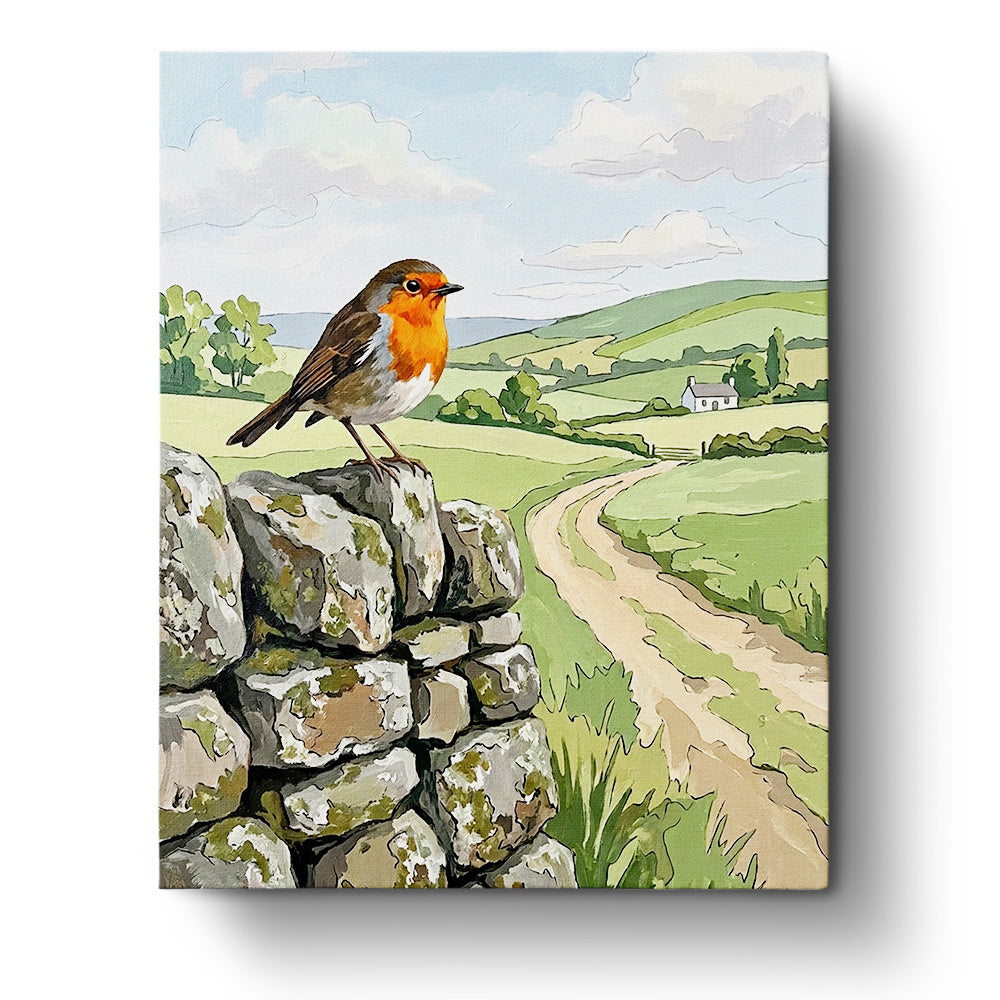 Robin perched on a rustic stone wall with green hills in the background, provided by BestPaintByNumbers. Experience mindfulness and creativity with this kit.