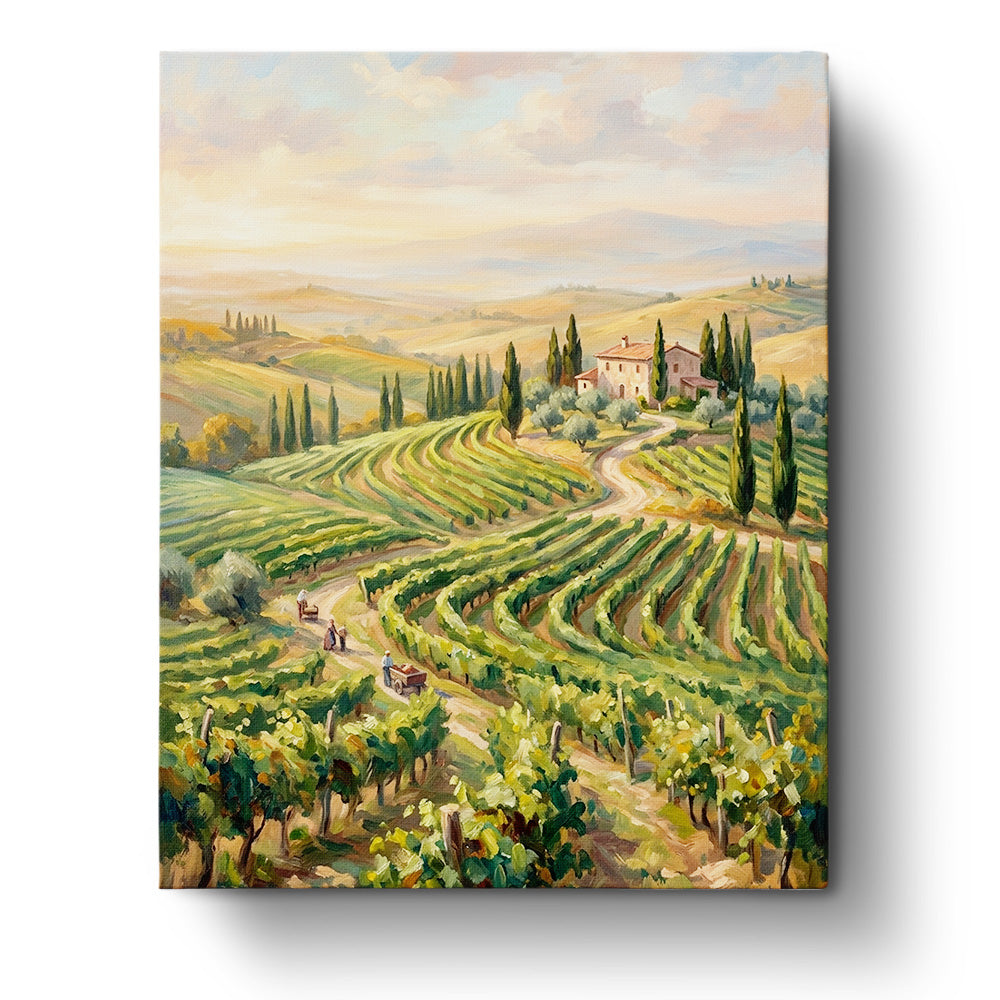 A picturesque Tuscan landscape featuring rolling vineyards under a gentle sunset, captured in the Tuscan Vineyard Serenity by BestPaintByNumbers. Ideal for mindfulness and creativity.