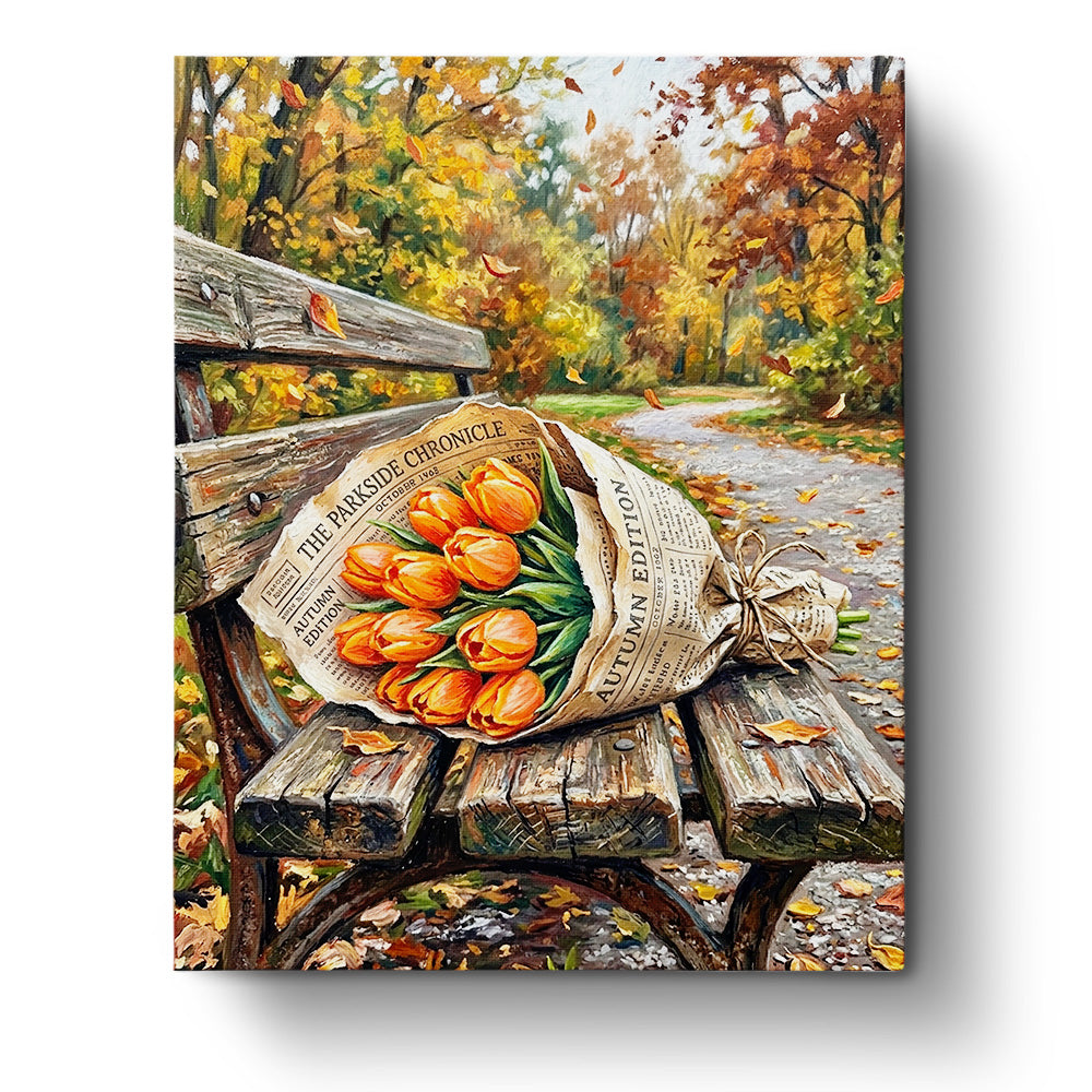 Autumn Tulip Serenity - Flowers by BestPaintByNumbers. A serene autumn scene with vibrant orange tulips wrapped in a newspaper on a rustic bench. Enjoy a mindful painting experience with this fixed kit.