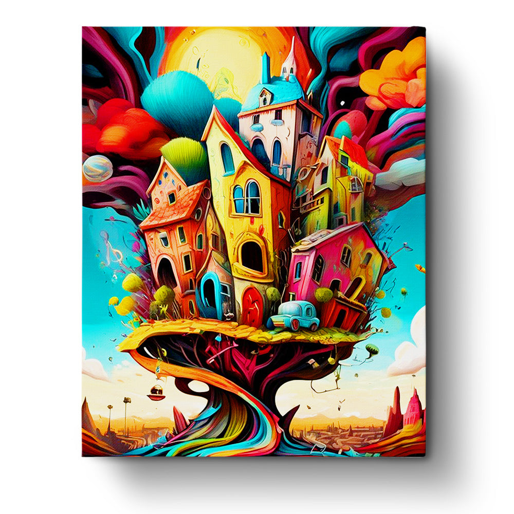 Whimsical Treehouse Village by BestPaintByNumbers features vibrant colors and floating houses, enhancing creativity and mindfulness.