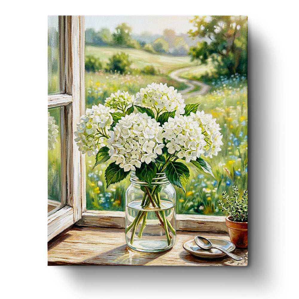 Window Hydrangeas by BestPaintByNumbers: white hydrangeas in a jar by an open window, overlooking a sunlit meadow. Enhance mindfulness and creativity.
