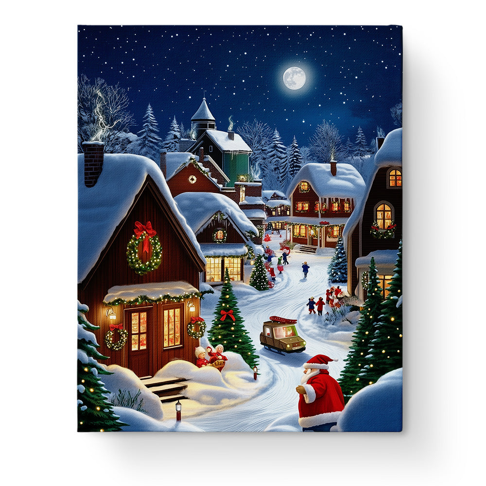 Santa's Cozy Village - Christmas paint by numbers kit by BestPaintByNumbers. A serene snowy village with twinkling lights, highlighting Christmas cheer and creativity.