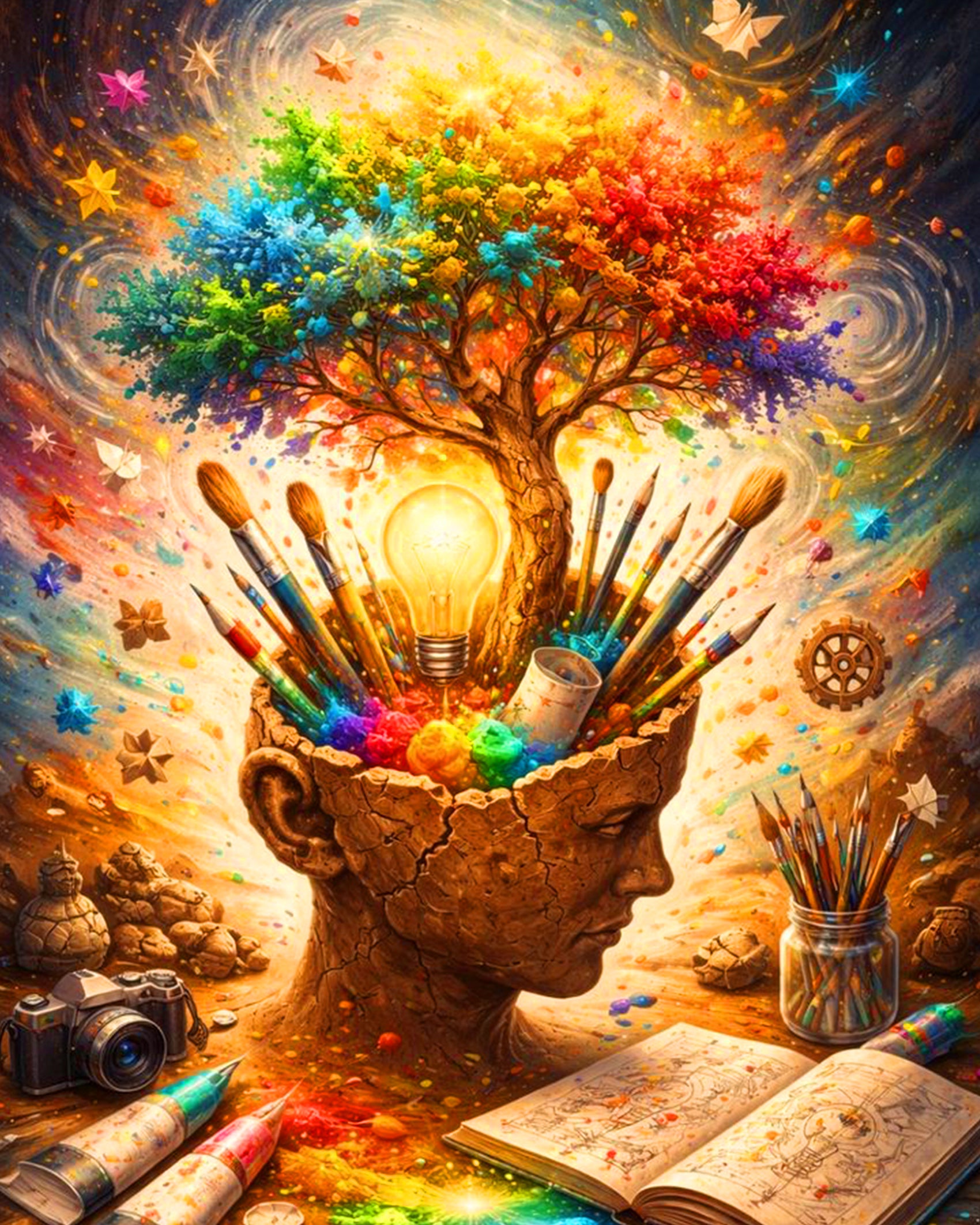 Surreal artwork featuring a colorful tree and an illuminated bulb sprouting from a head. BestPaintByNumbers brings creativity and stress relief with this kit.