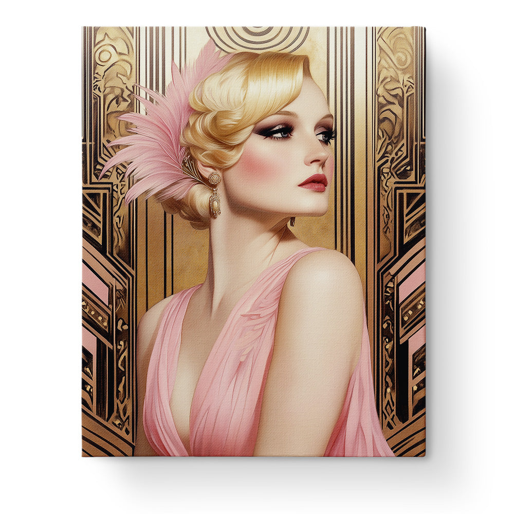 An Art Deco-inspired woman in a pink dress with intricate golden background. BestPaintByNumbers features this elegant portrait, ideal for mindfulness and creativity.