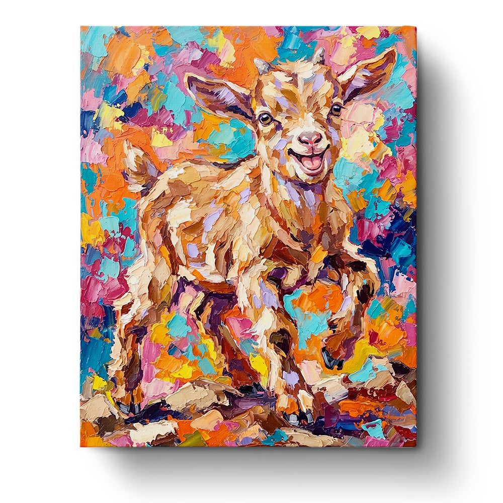 A vibrant paint by numbers image of a joyful goat in rich hues, designed by BestPaintByNumbers. Experience mindfulness and creativity with this vivid animal kit.