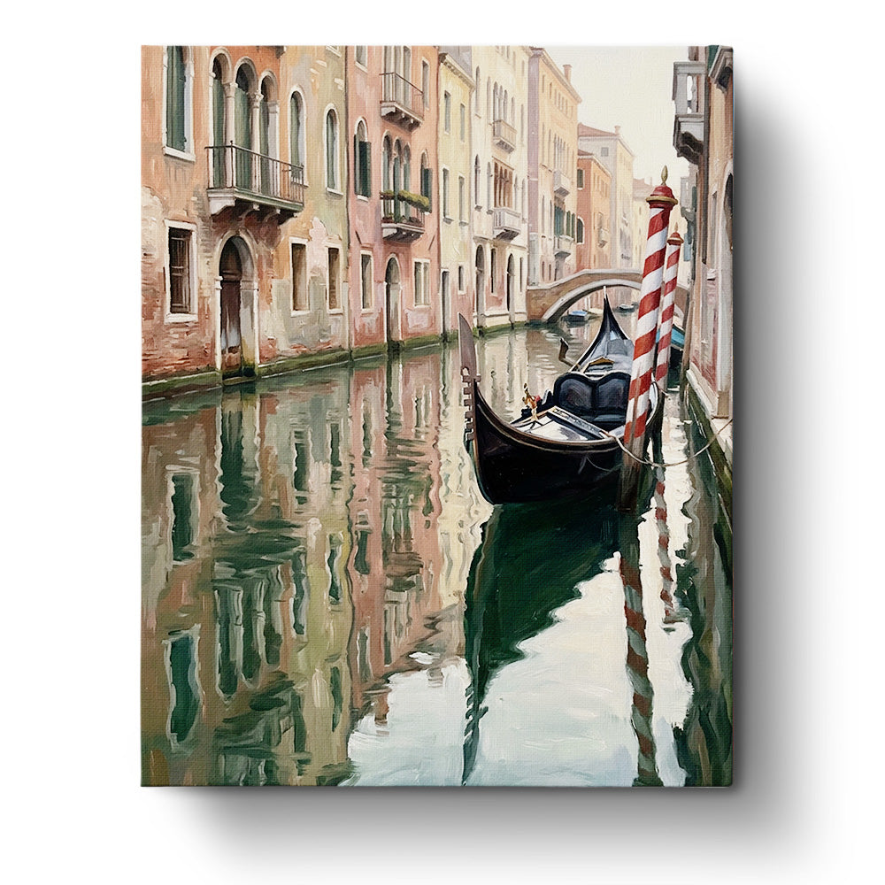 Venetian Canal Serenity - Landscape by BestPaintByNumbers. A serene gondola scene with reflections on tranquil water, capturing the essence of mindfulness and creativity.