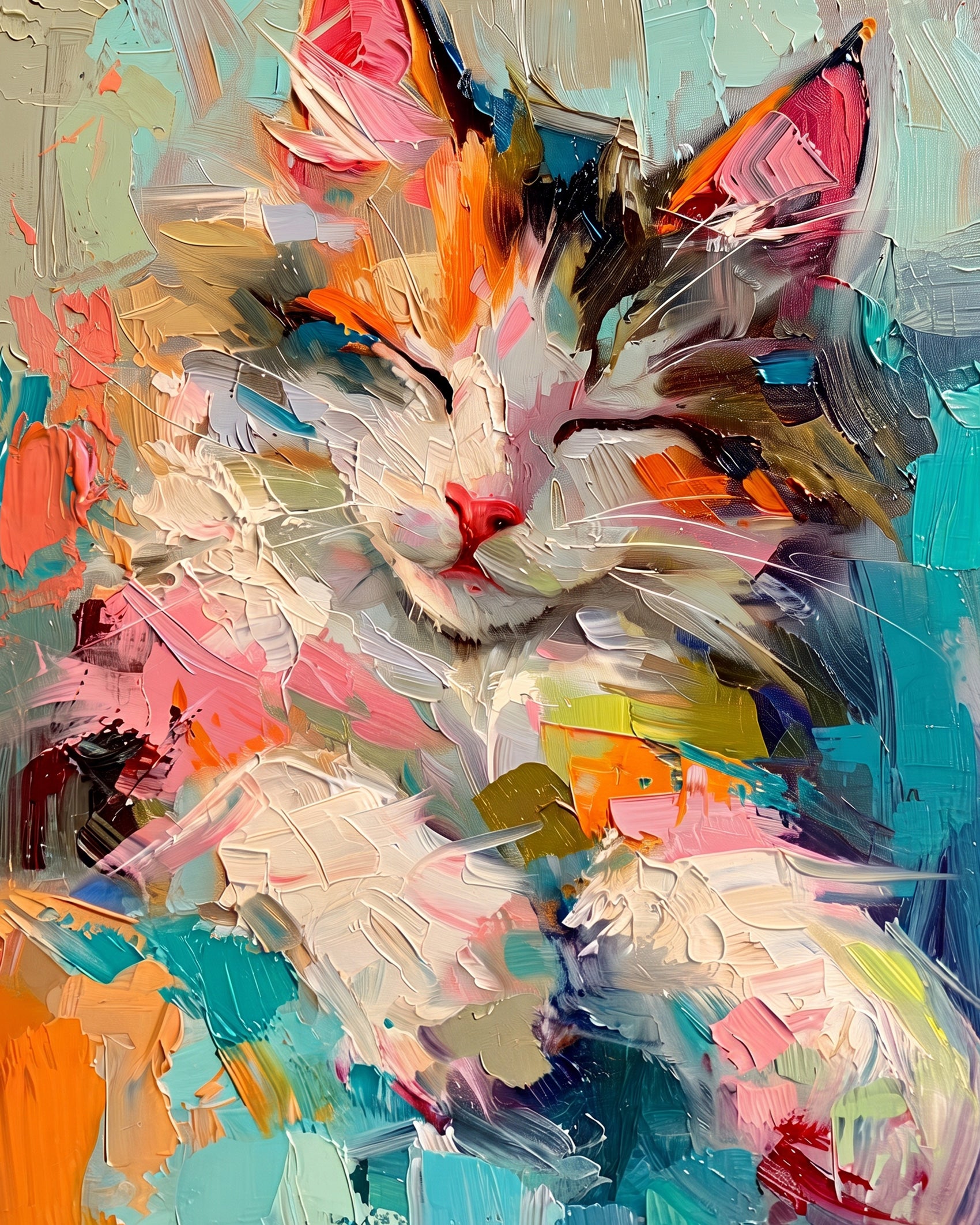 BestPaintByNumbers Colorful Cat Dreaming - Animals kit. Brilliant colors of a peaceful cat. Ideal for creative relaxation and stress relief.