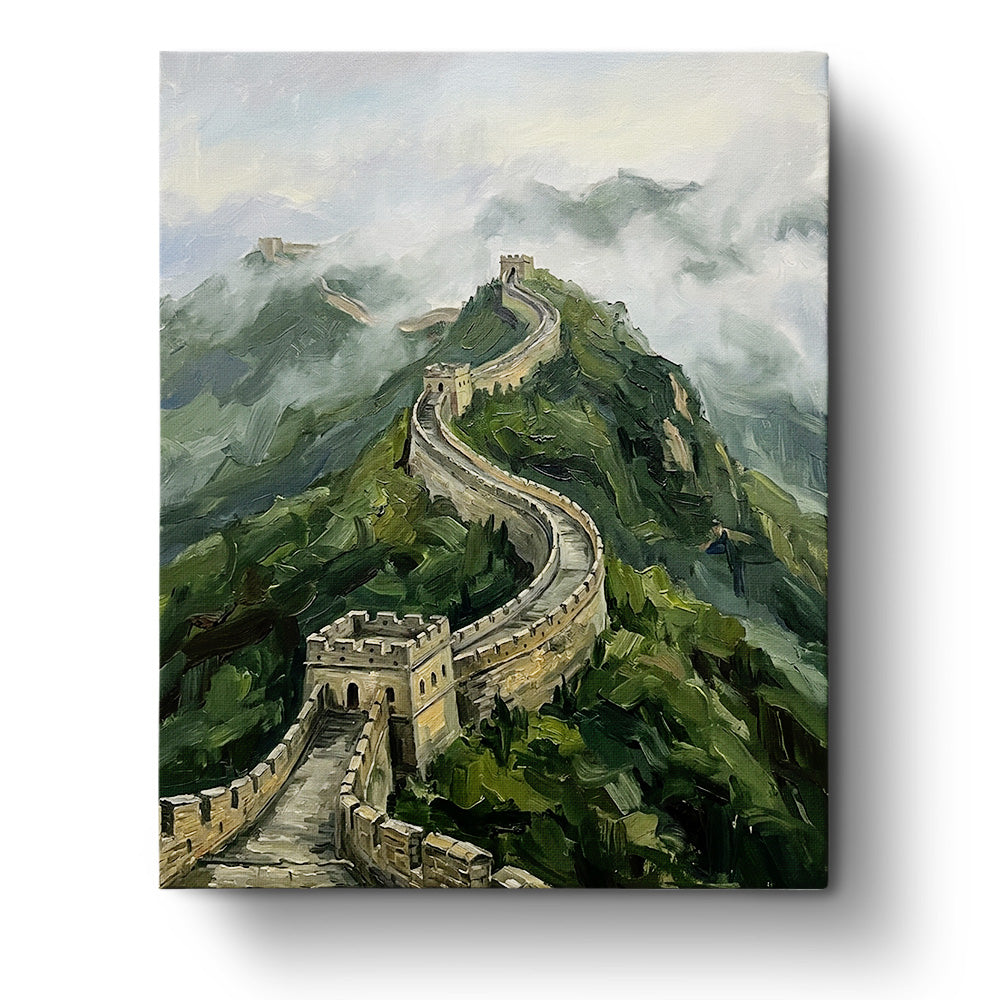 Great Wall of China View - Landscape paint by numbers kit from BestPaintByNumbers. Captures the iconic Great Wall winding through misty mountains, offering a tranquil and creative experience.