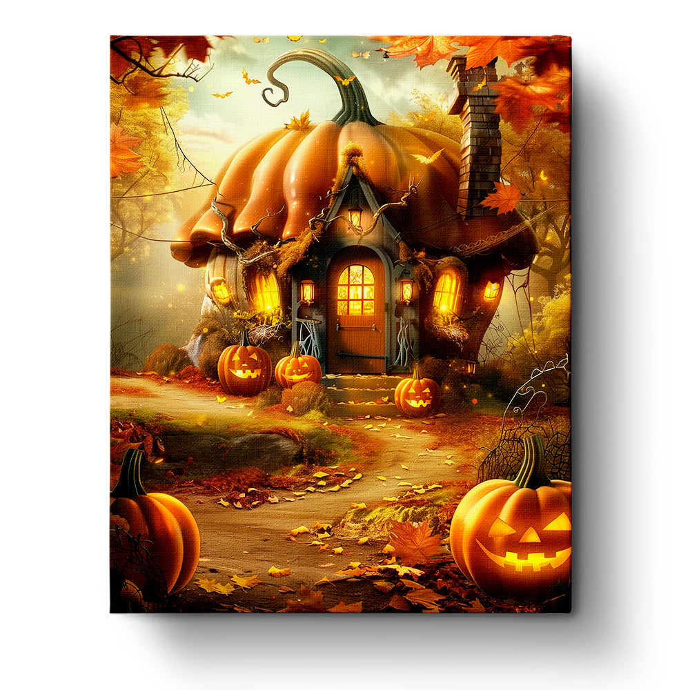 A whimsical pumpkin cottage surrounded by glowing jack-o'-lanterns and autumn leaves, part of the Pumpkin Cottage Delight - Halloween collection by BestPaintByNumbers. Encourages creativity and mindfulness through vibrant colors and enchanting themes.