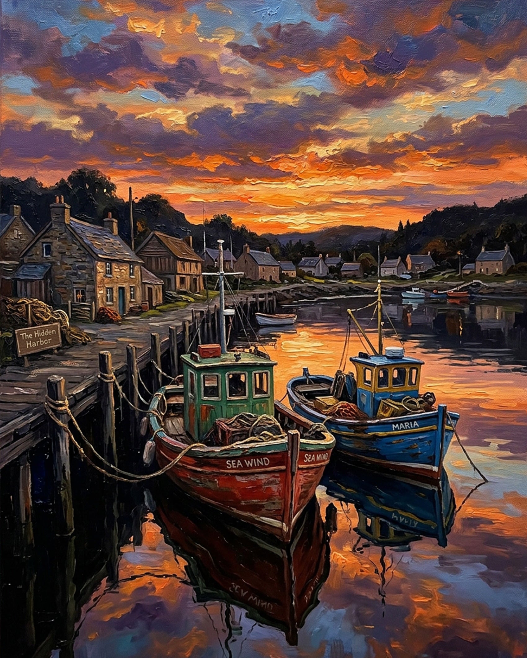 Serene evening harbor scene in Charming Harbor Sunset by BestPaintByNumbers. Ideal for stress relief and inspiring creativity through a fixed paint by numbers kit.