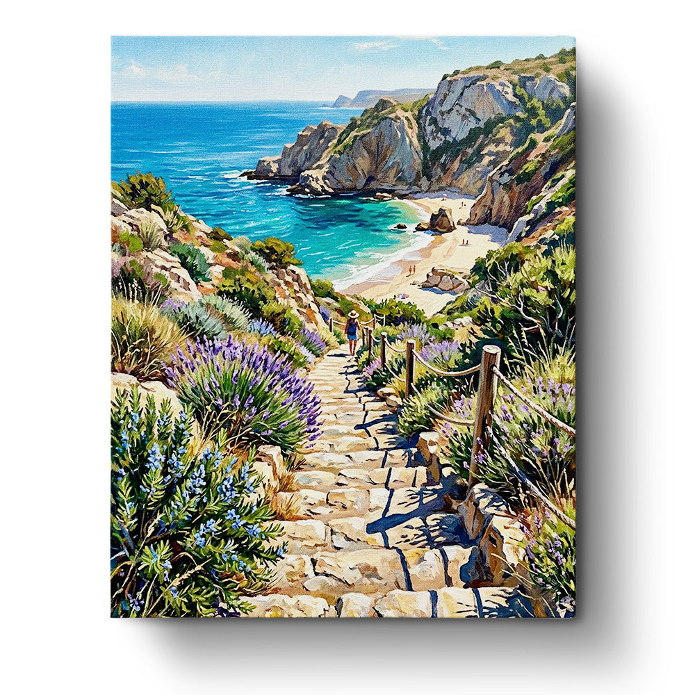 A serene coastal pathway leading to a vibrant beach scene, captured in the Coastal Pathway Retreat - Places by BestPaintByNumbers. Immerse yourself in creative mindfulness with this picturesque scene.