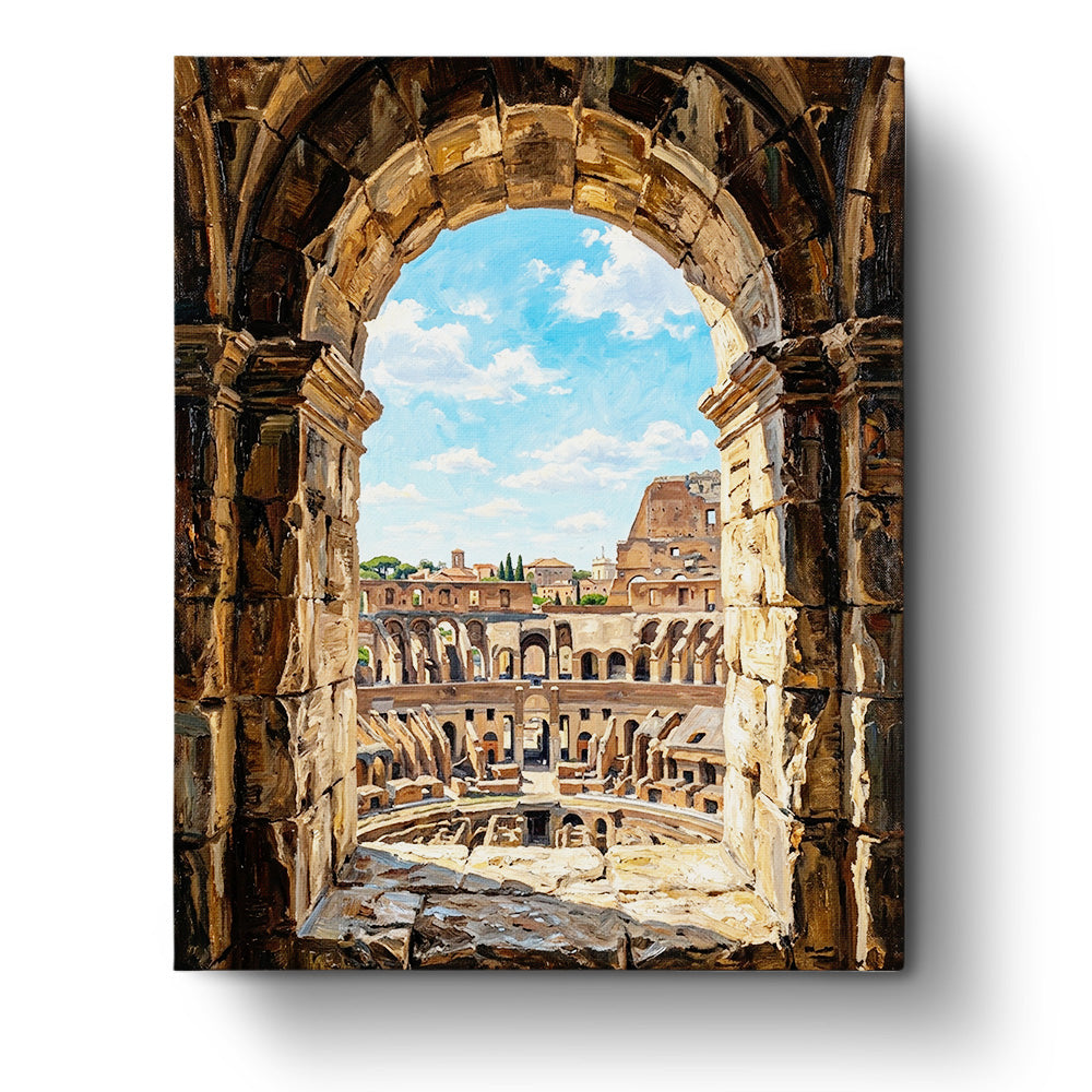 Ancient Colosseum View - Landscape by BestPaintByNumbers captures a breathtaking scene framed through ancient arches, highlighting warm, earthy tones. Perfect for mindful painting and relaxation.