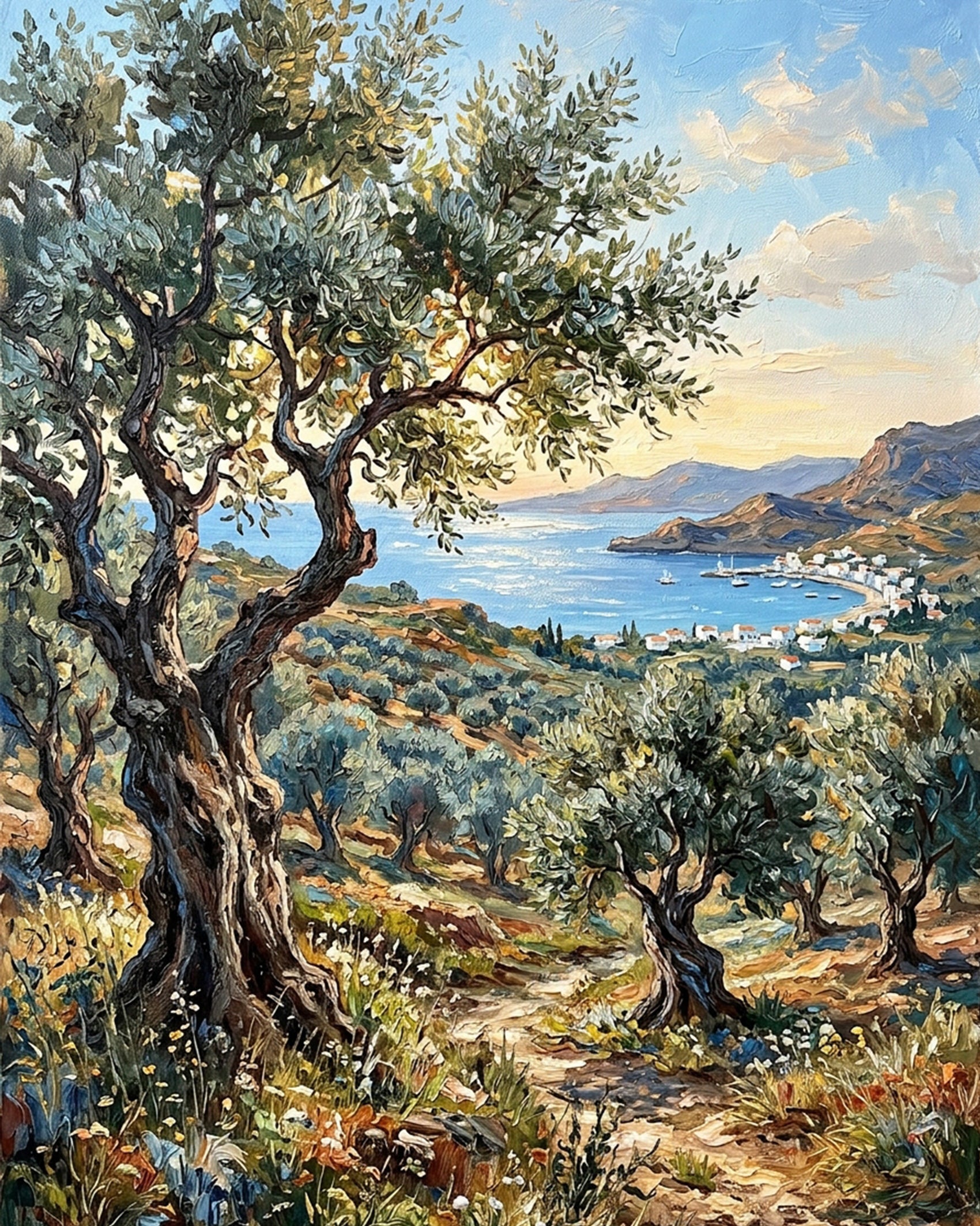 Serene Mediterranean landscape in BestPaintByNumbers kit. Olive trees and sparkling sea offer a calming, creative escape. Ideal for stress relief and artistic expression.