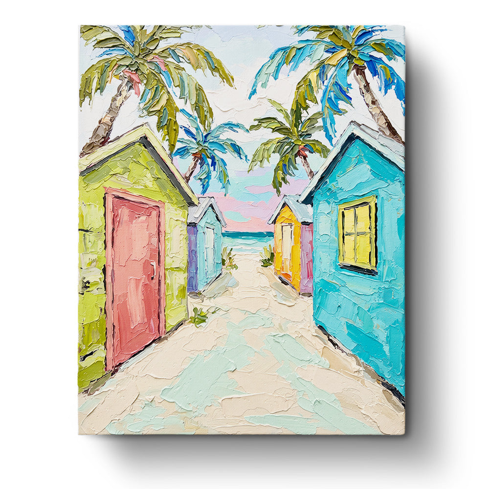 Tropical Beach Cabanas by BestPaintByNumbers features vibrant huts and palm trees with a beach view, promoting mindfulness and creativity.