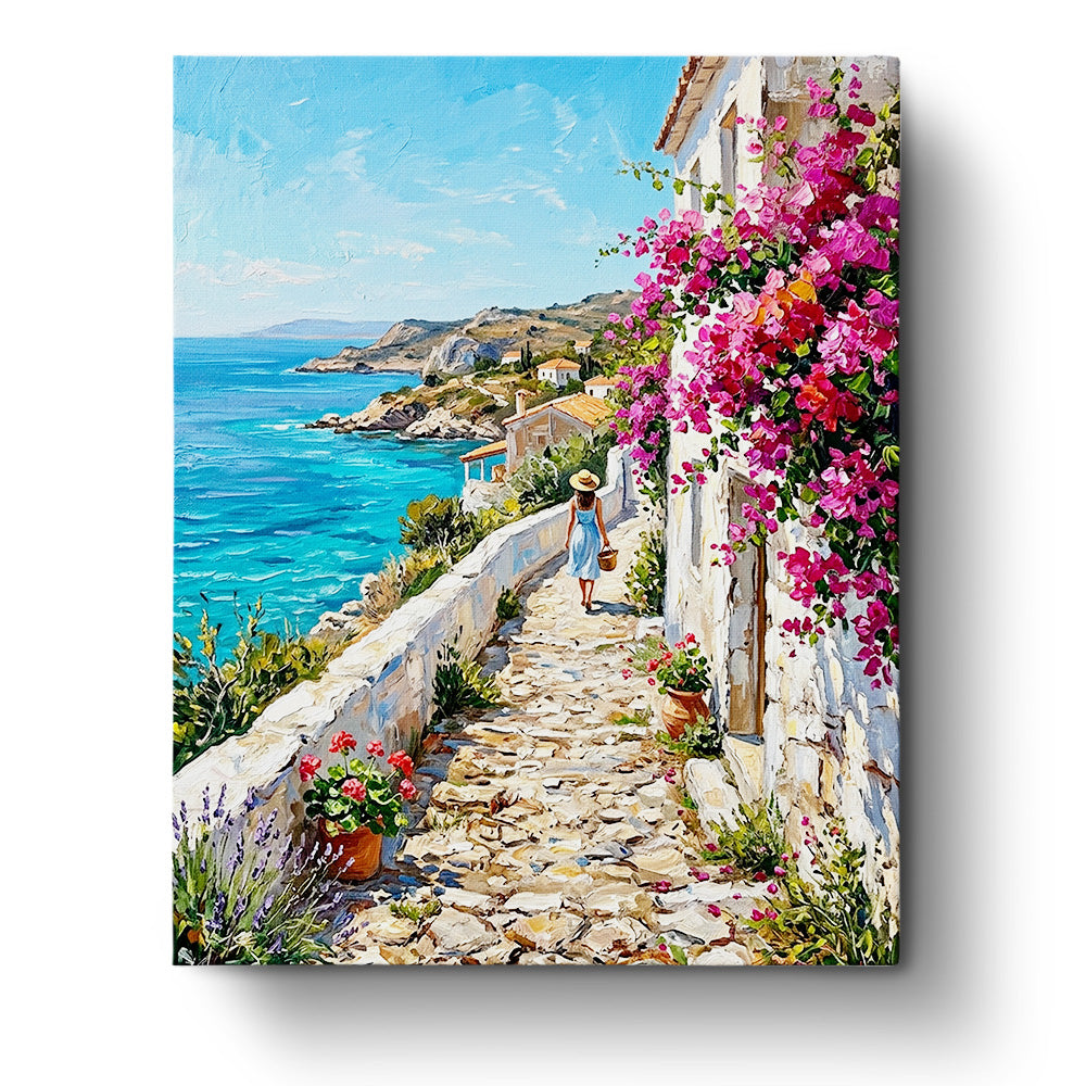 Mediterranean Coastal Path - Places paint by numbers kit by BestPaintByNumbers. Features a serene walkway along the sea with vibrant flowers and a tranquil atmosphere, enhancing mindfulness and creativity.
