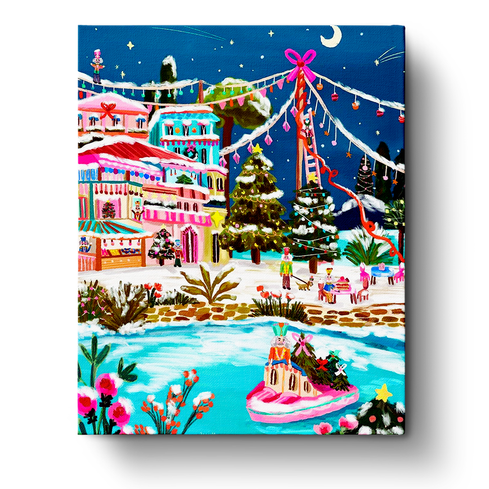 A colorful festive village scene from the Festive Village Wonderland - Christmas by BestPaintByNumbers. The image showcases a vibrant snowy village, beautifully decorated for Christmas, encouraging mindfulness and creativity.