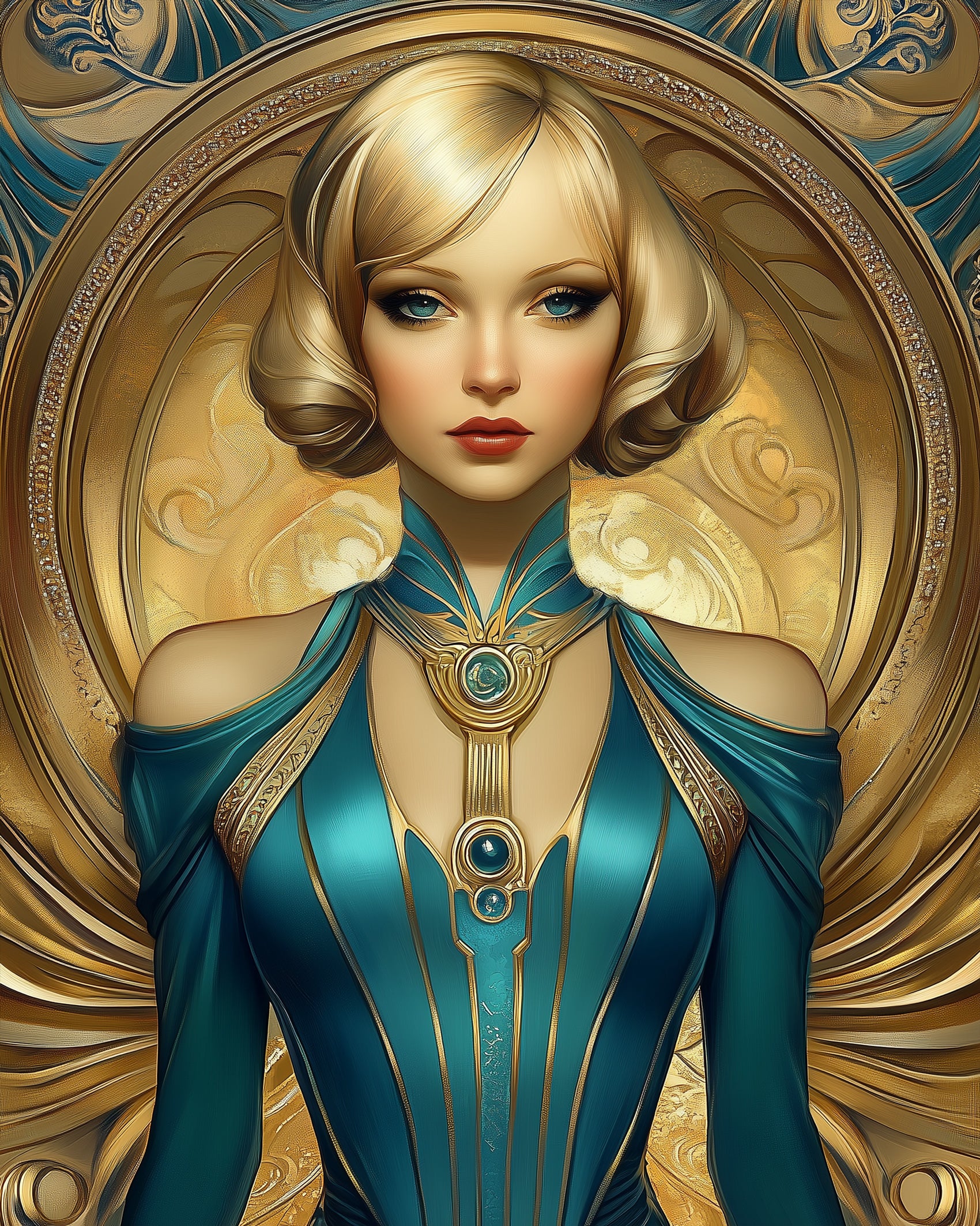 Art Deco woman's portrait in shimmering gold and blue tones, presented by BestPaintByNumbers. Engage your creativity and relax with this paint by numbers kit.
