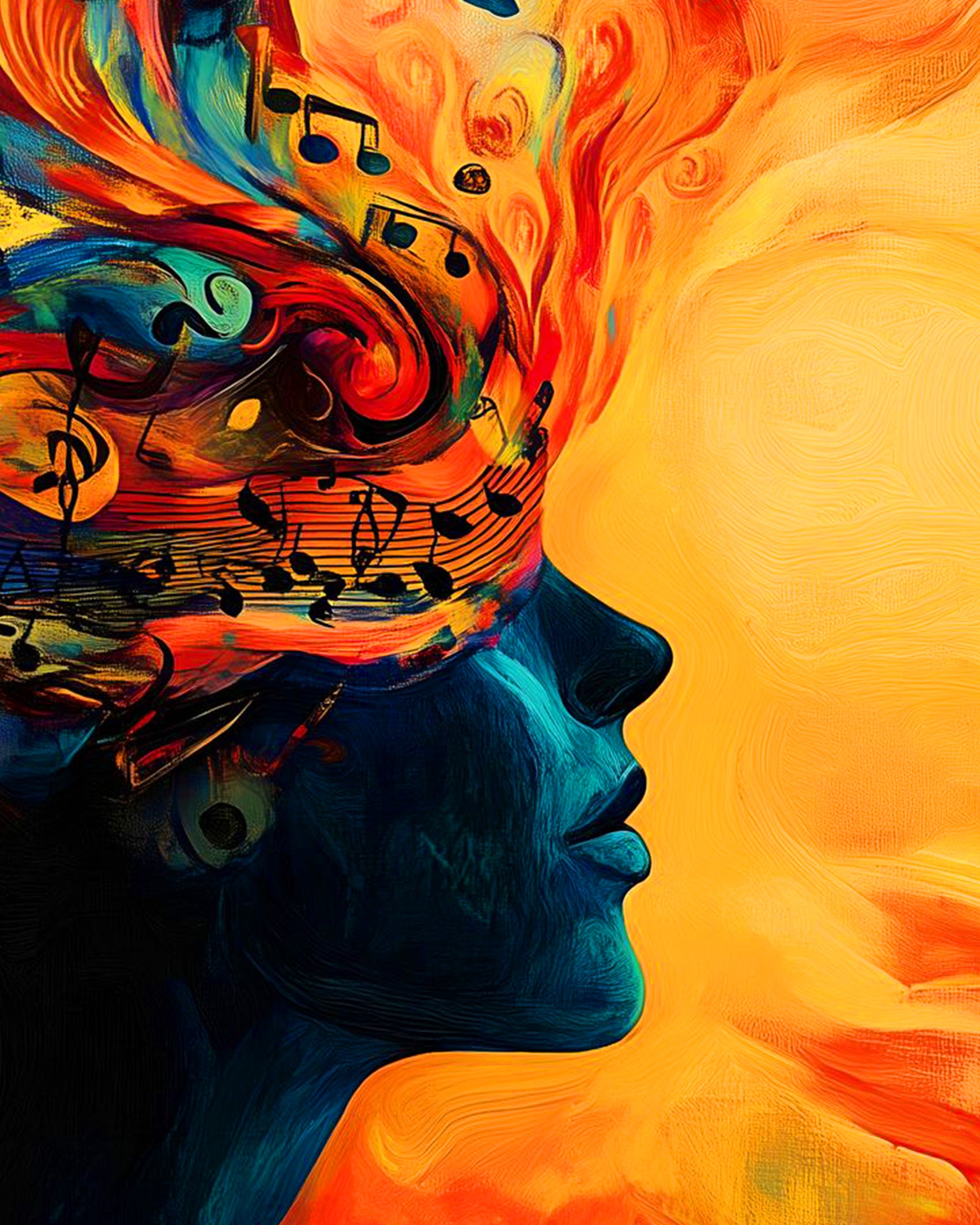 Surrealism-inspired Musical Dreamscape by BestPaintByNumbers. A bold, colorful painting of a face with musical notes, perfect for mindfulness and stress relief.