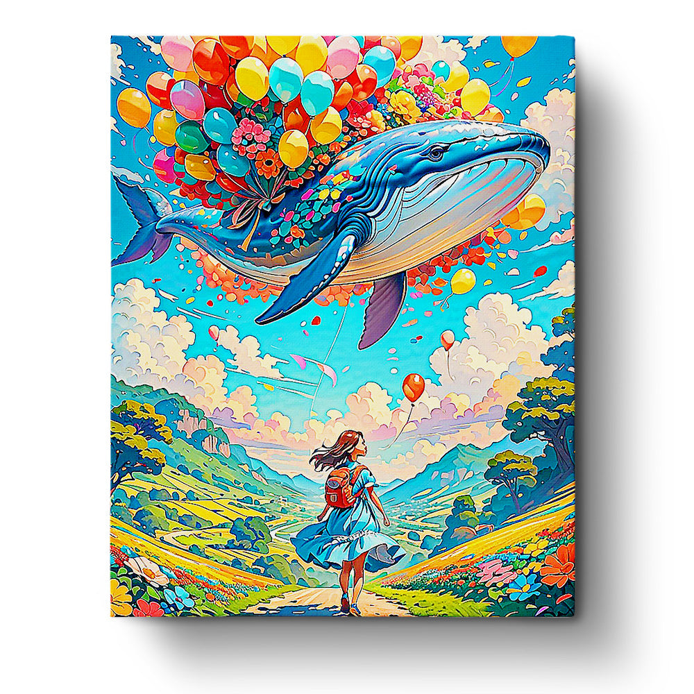Whale Adventure with Balloons Surrealism by BestPaintByNumbers. A majestic whale floats with colorful balloons and flowers. Engage in mindful relaxation with this unique kit.