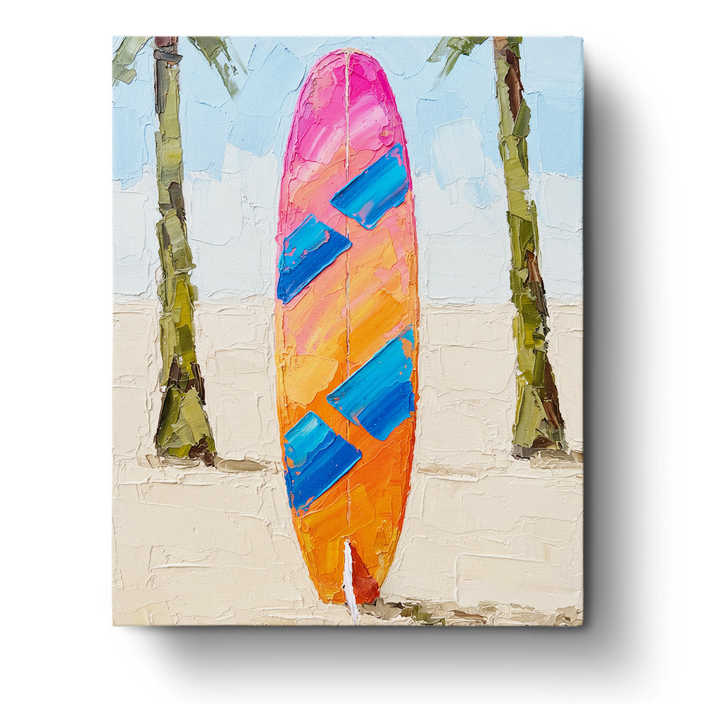 Tropical Surfboard Retreat - Places paint by numbers kit by BestPaintByNumbers. Features a colorful surfboard against a sandy beach background, with palm trees under a blue sky. Encourages mindfulness and creativity. Perfect relaxing activity.