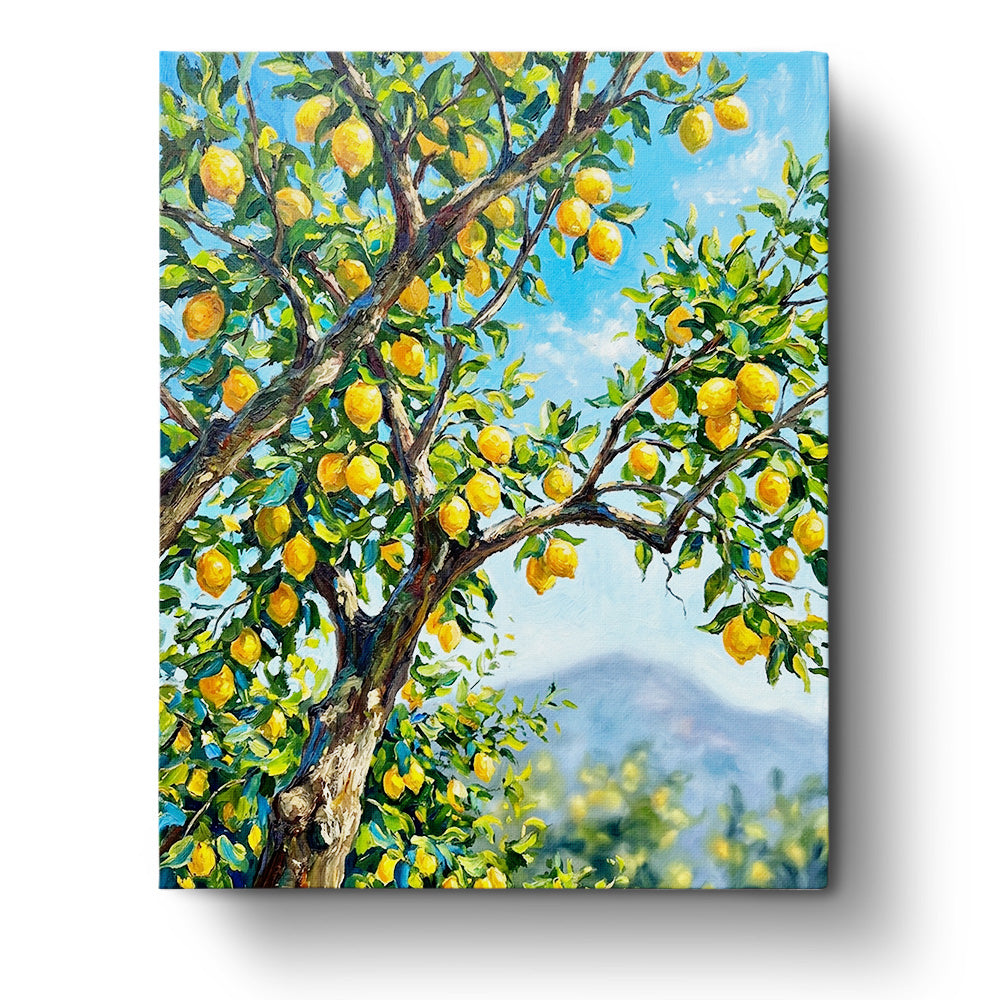 Lemon Orchard View - Places paint by numbers kit by BestPaintByNumbers. A vibrant scene of a lemon tree with bright yellow lemons against a clear blue sky and distant hills. Engage in a relaxing and mindful activity that enhances creativity.