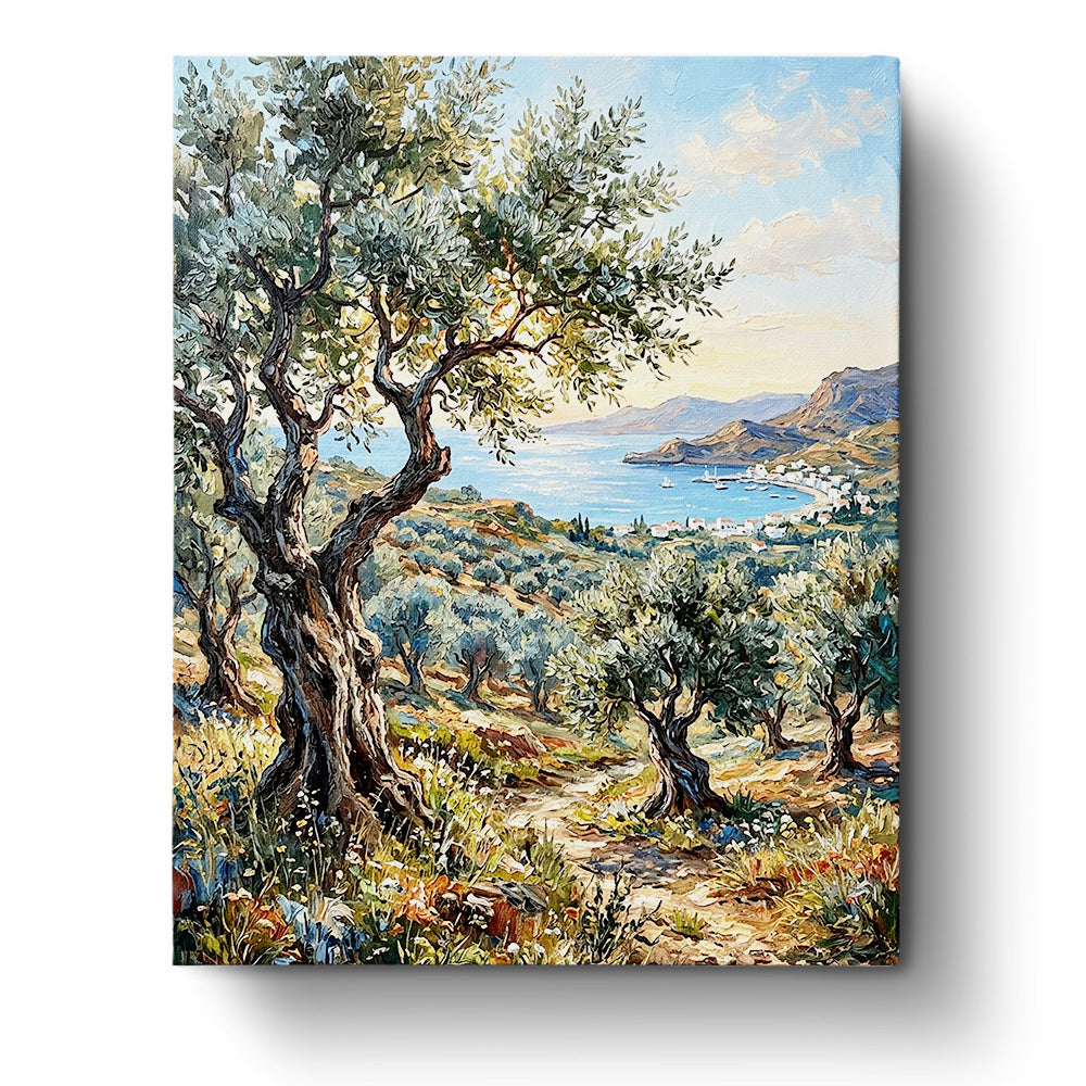 Mediterranean Coastal Vista paint by numbers kit from BestPaintByNumbers. A beautiful coastal view with olive trees and a serene bay, perfect for mindfulness and creativity.