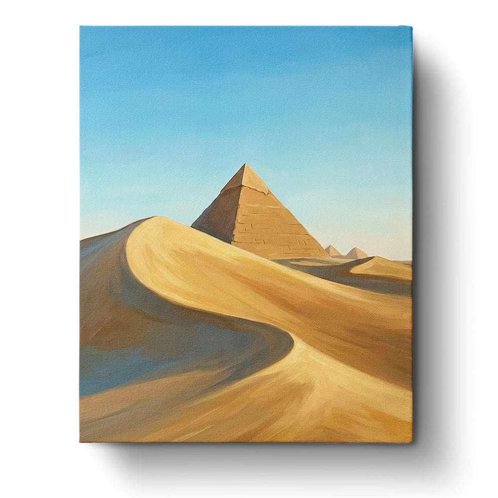 Pyramids in the Desert - Landscape paint by numbers kit by BestPaintByNumbers. Features golden sands and majestic pyramids, enhancing mindfulness through creativity.