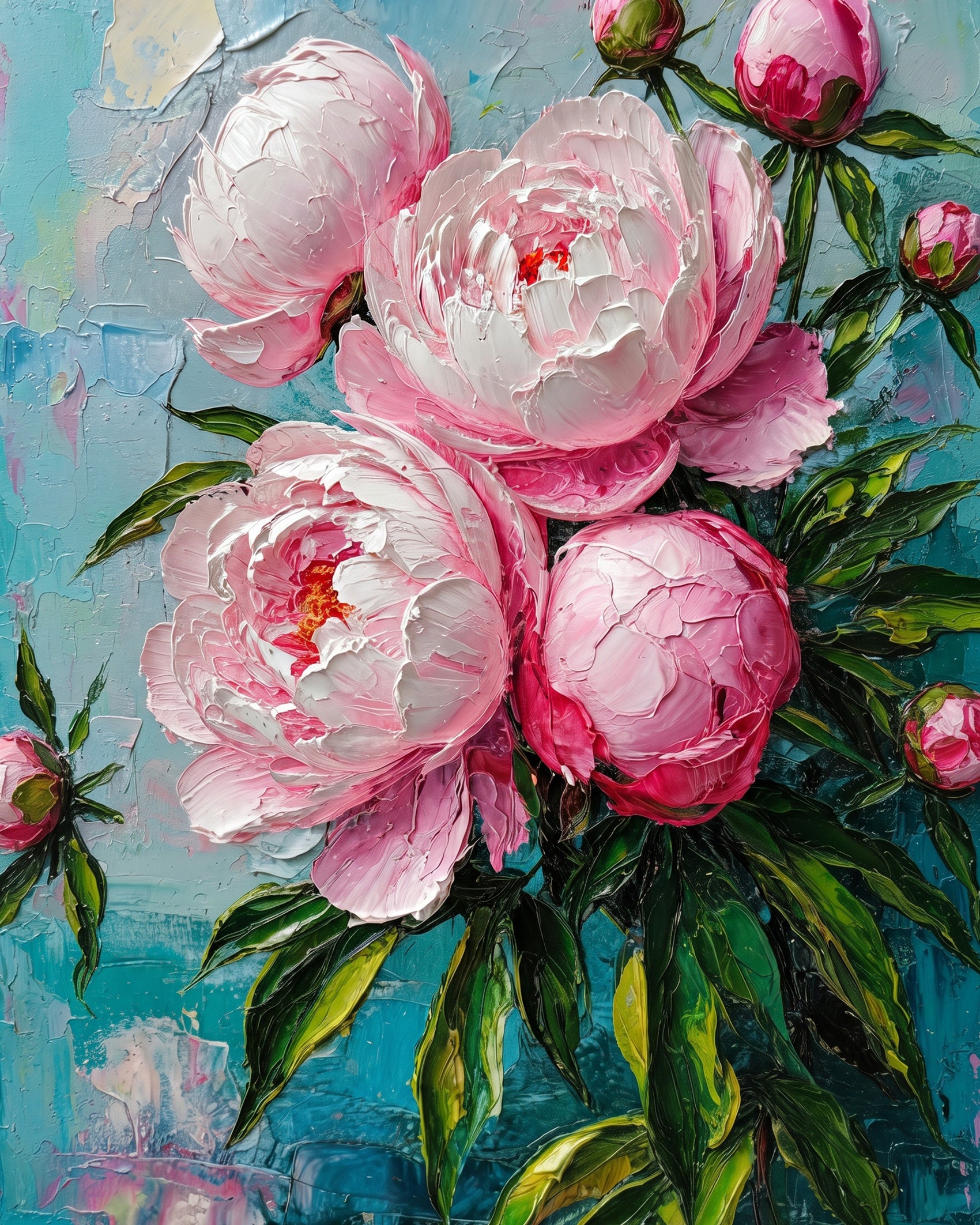 BestPaintByNumbers presents Peony Blooms - Flowers kit. Bright pink peonies set against calming blue, ideal for stress relief and mindful painting.