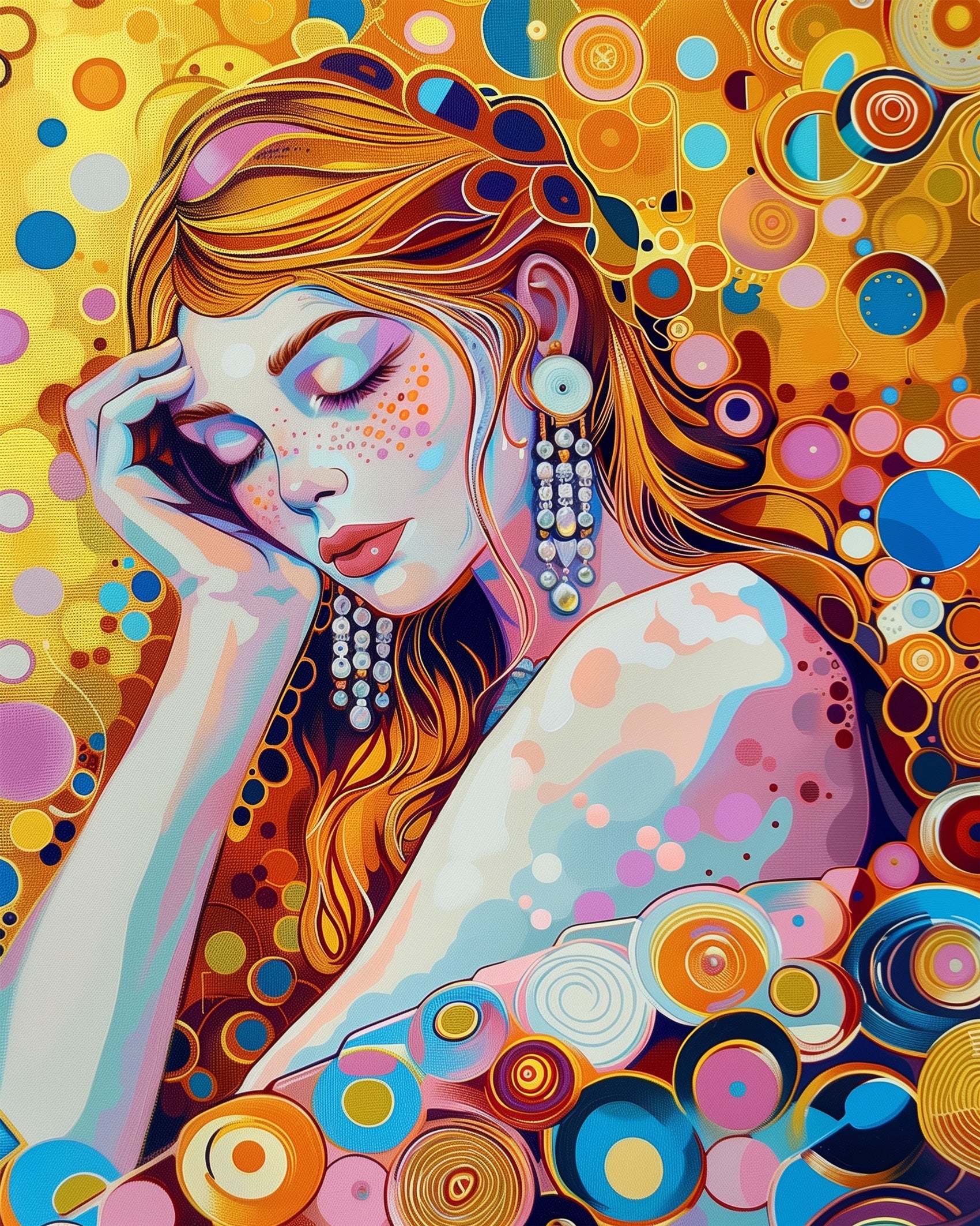 Dreamy Circles Portrait featuring a serene woman with vibrant abstract circles, evoking creativity and mindfulness. BestPaintByNumbers offers this in the Bohemian Vibes collection.