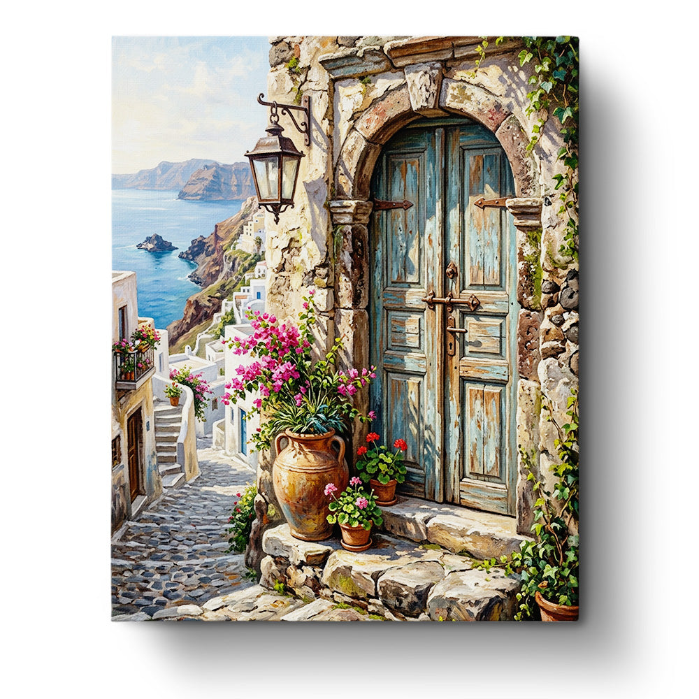 Mediterranean Doorway Escape paint by numbers kit by BestPaintByNumbers. Features a rustic blue door surrounded by colorful flowers on a stone street overlooking the sea. A creative and mindful escape.