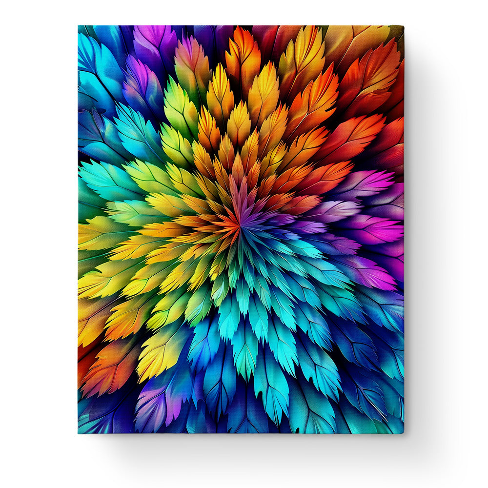 A vibrant, colorful mandala with layered leaves in rainbow shades, representing the Vibrant Leaf Burst Mandalas by BestPaintByNumbers. This image captures the essence of creativity and mindfulness.