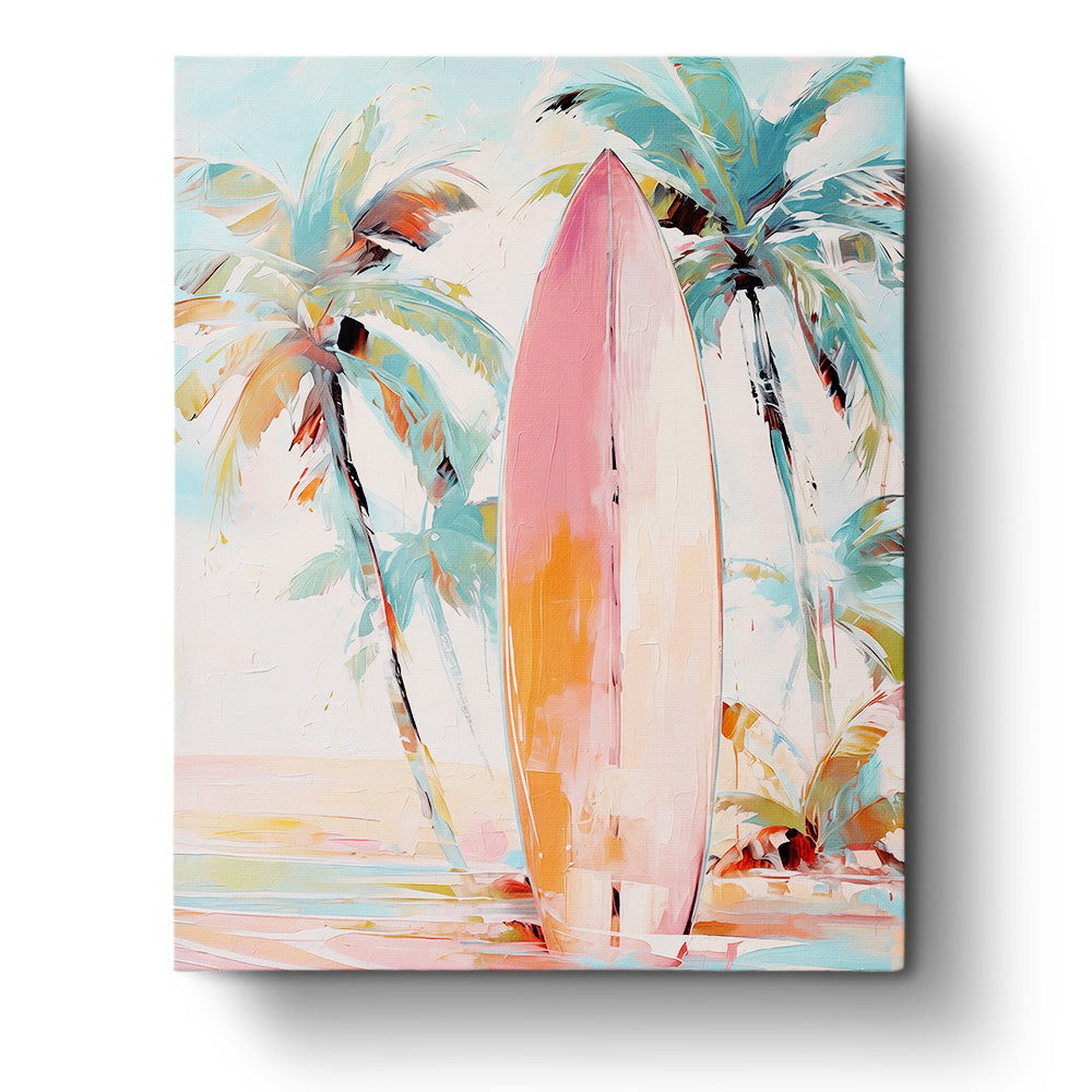 Tropical Surfboard Oasis from BestPaintByNumbers. A serene tropical scene featuring vibrant palm trees and a surfboard. Perfect for mindfulness and creativity.