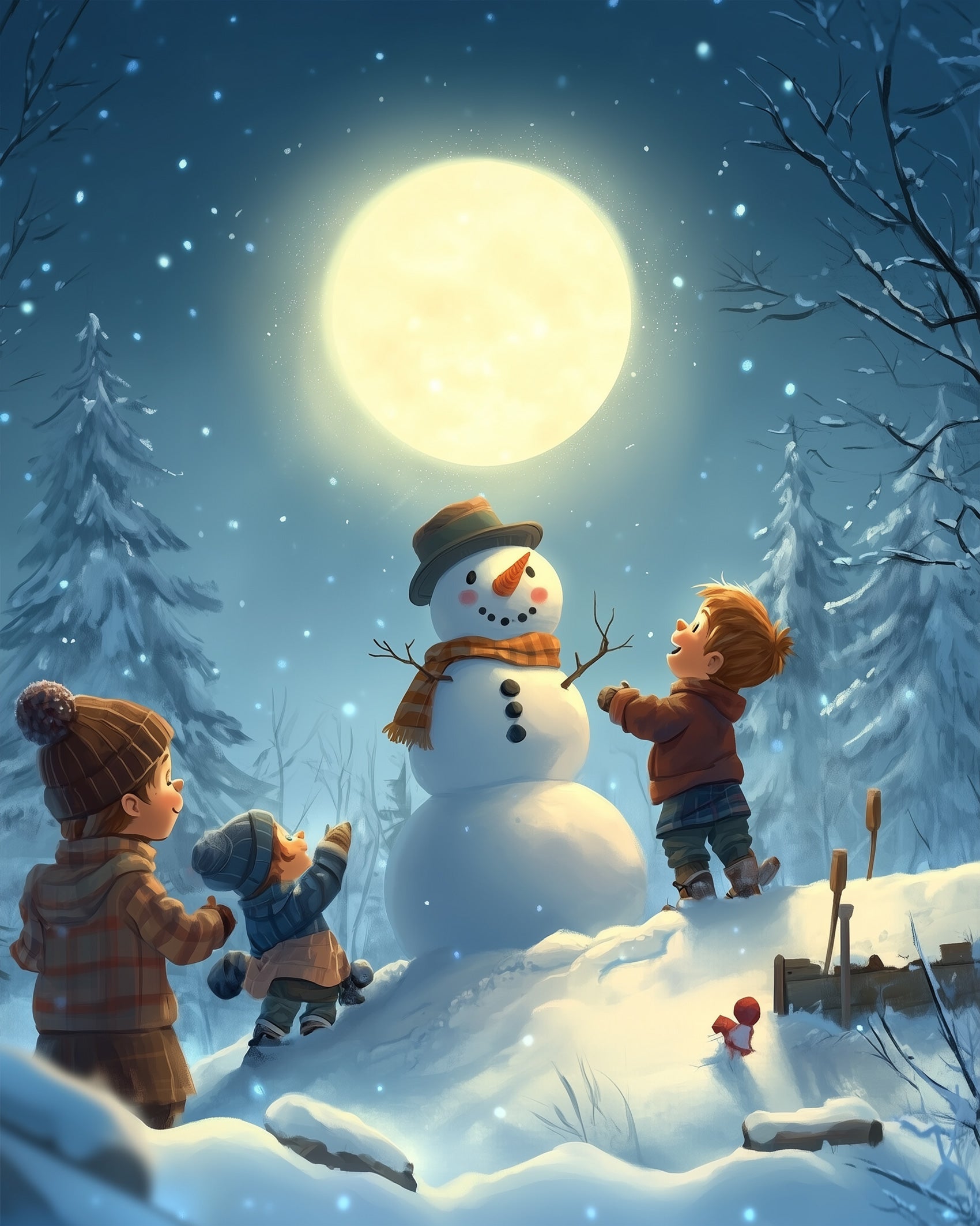 BestPaintByNumbers presents a joyful winter night with kids enjoying a snowman. Spark your creativity with Magical Snowman Adventure - mindful painting.