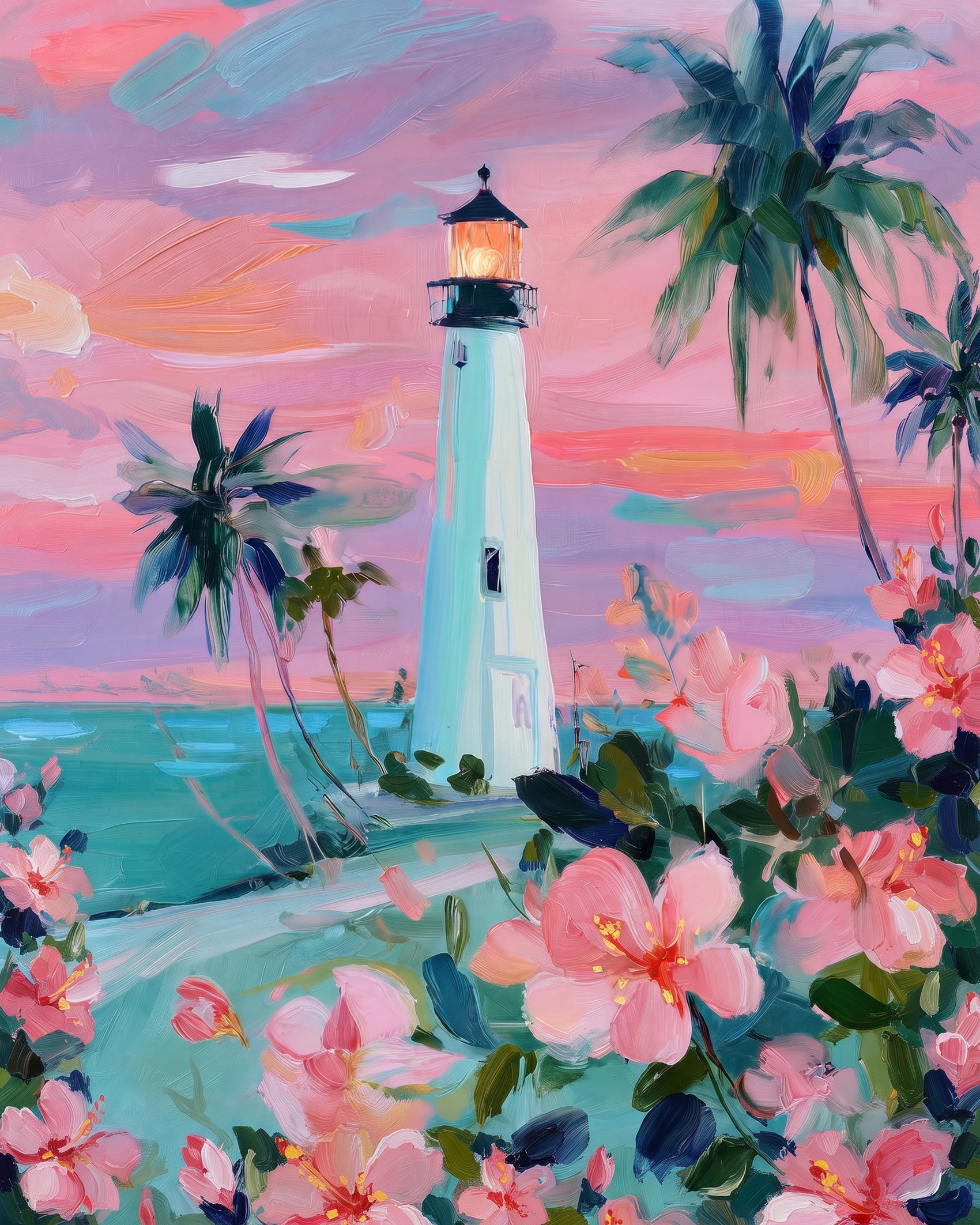 BestPaintByNumbers Lighthouse with Tropical Blooms - Landscape. Captivating sunset colors with a tranquil lighthouse scene. Perfect for relaxation and artistic expression.
