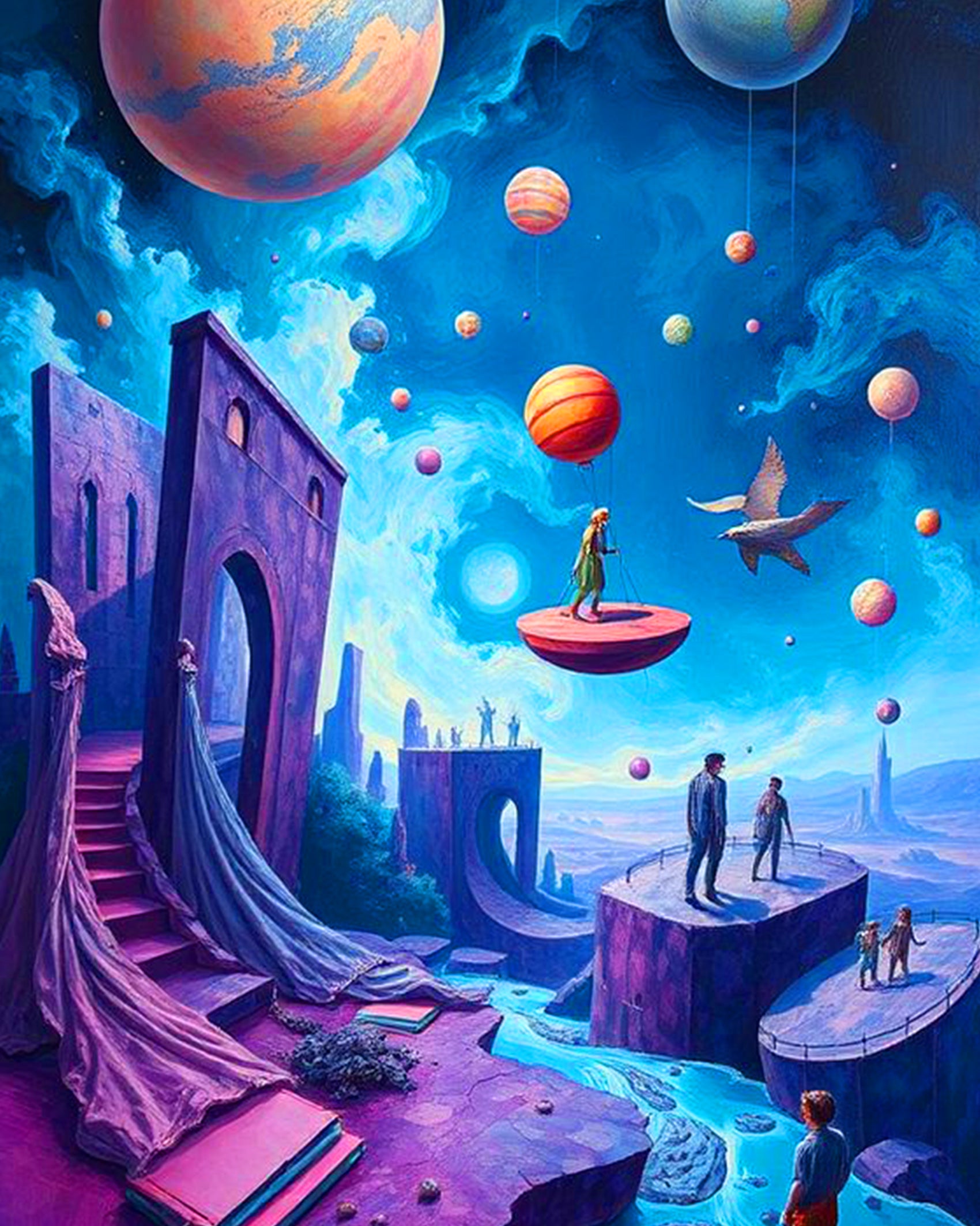 Surreal painting of dreamlike landscapes with planets, titled Cosmic Dreamscape Odyssey by BestPaintByNumbers, a mindful and creative escape.