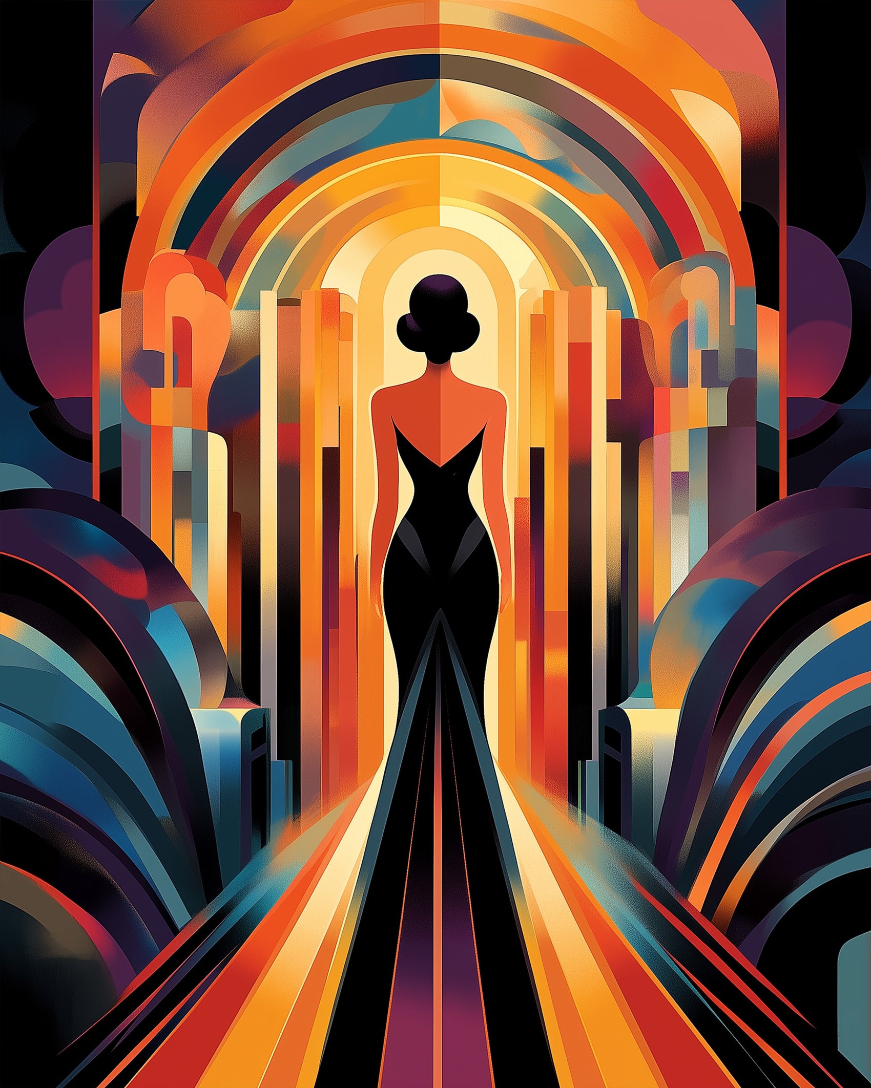Bold Art Deco design with elegant silhouette, sunset colors, by BestPaintByNumbers. Inspires relaxation and creativity through paint by numbers.