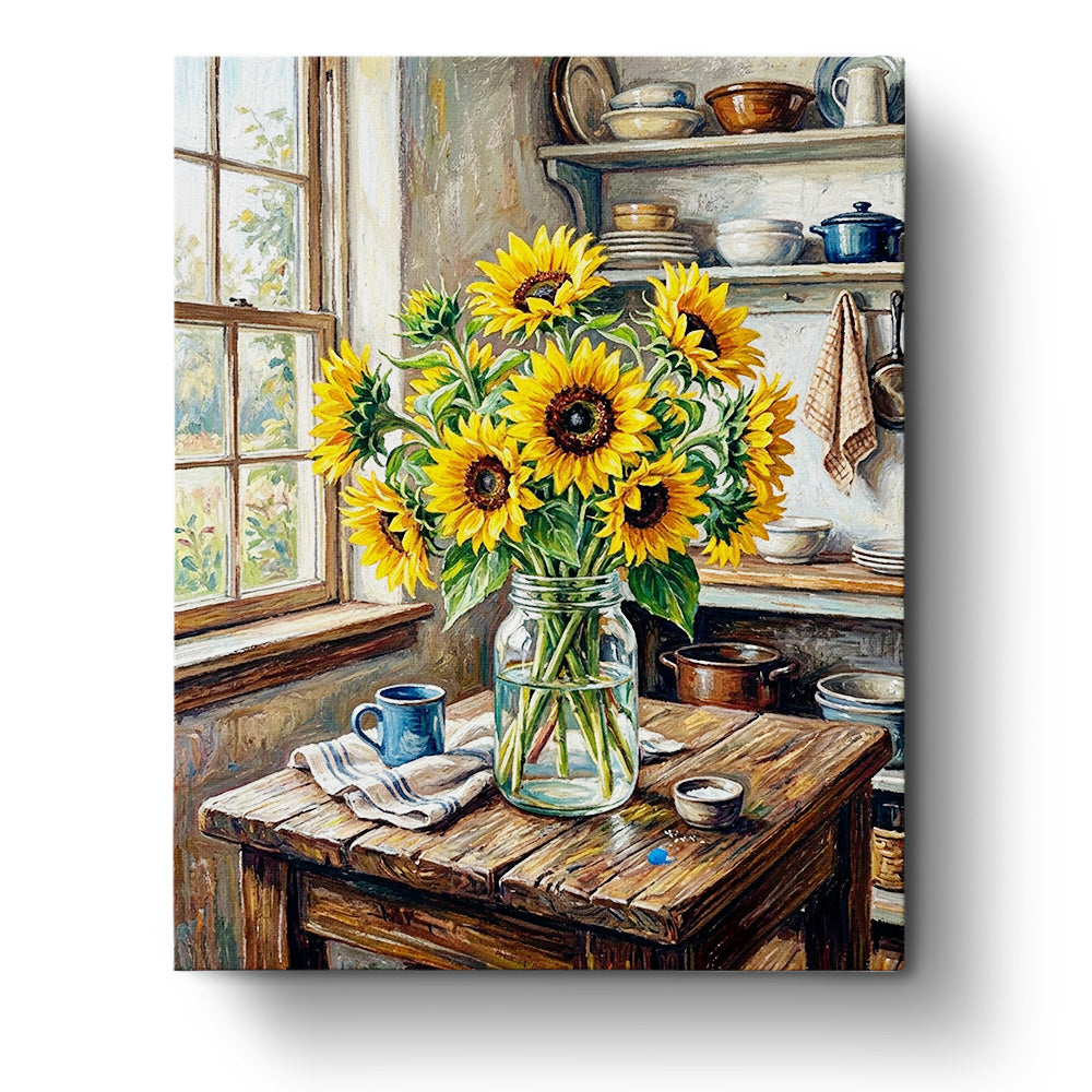 Vibrant sunflowers in a jar on a rustic table by BestPaintByNumbers. The Sunlit Sunflowers Bouquet offers a mindful painting experience, capturing the beauty of nature indoors.