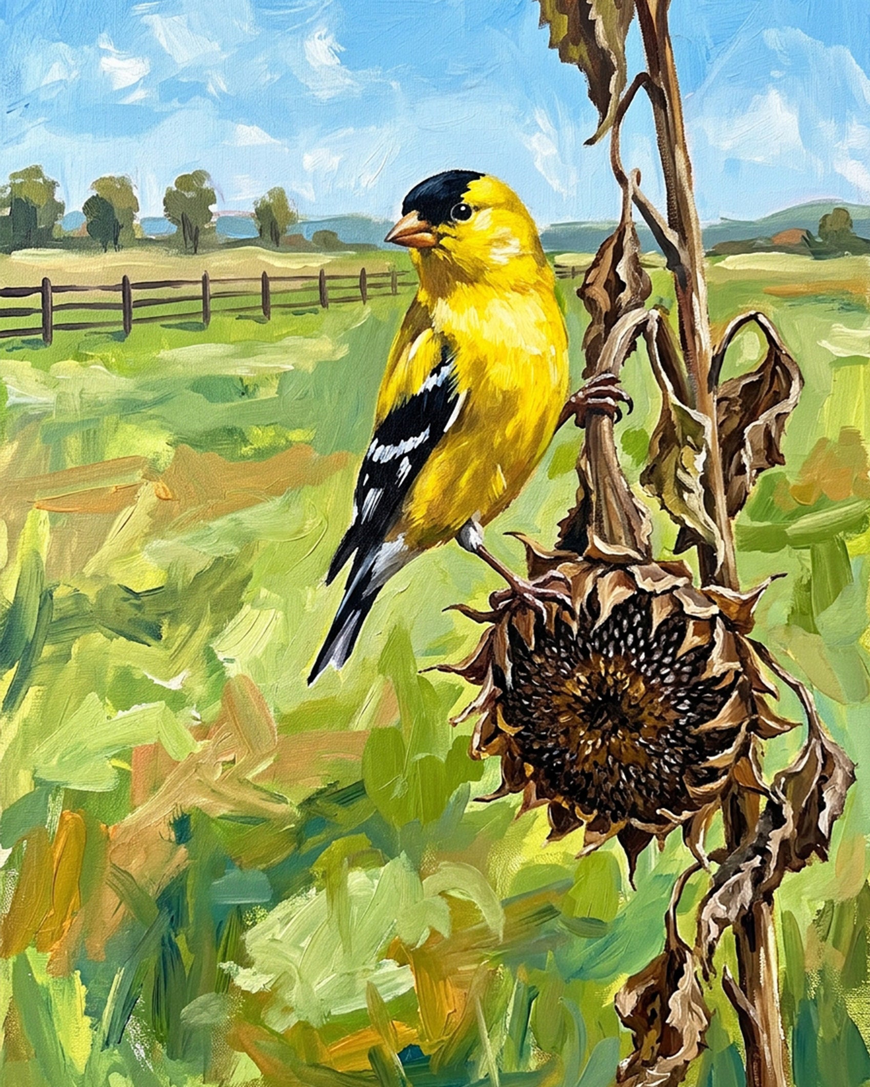BestPaintByNumbers' Sunlit Goldfinch paint by numbers kit. A vibrant goldfinch perched on a sunflower, inviting stress relief and artistic expression.